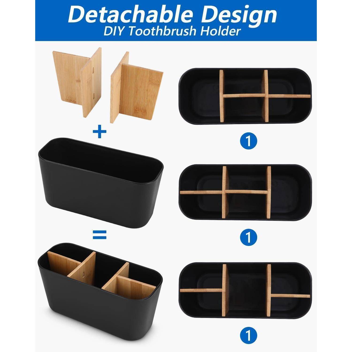 Diagramm eines abnehmbaren DIY-Zahnbürstenhalters: Bambusteiler-Teile plus ein schwarzes Tablett verbinden sich zu einem Aufbewahrungsbehälter mit anpassbaren Fächern.