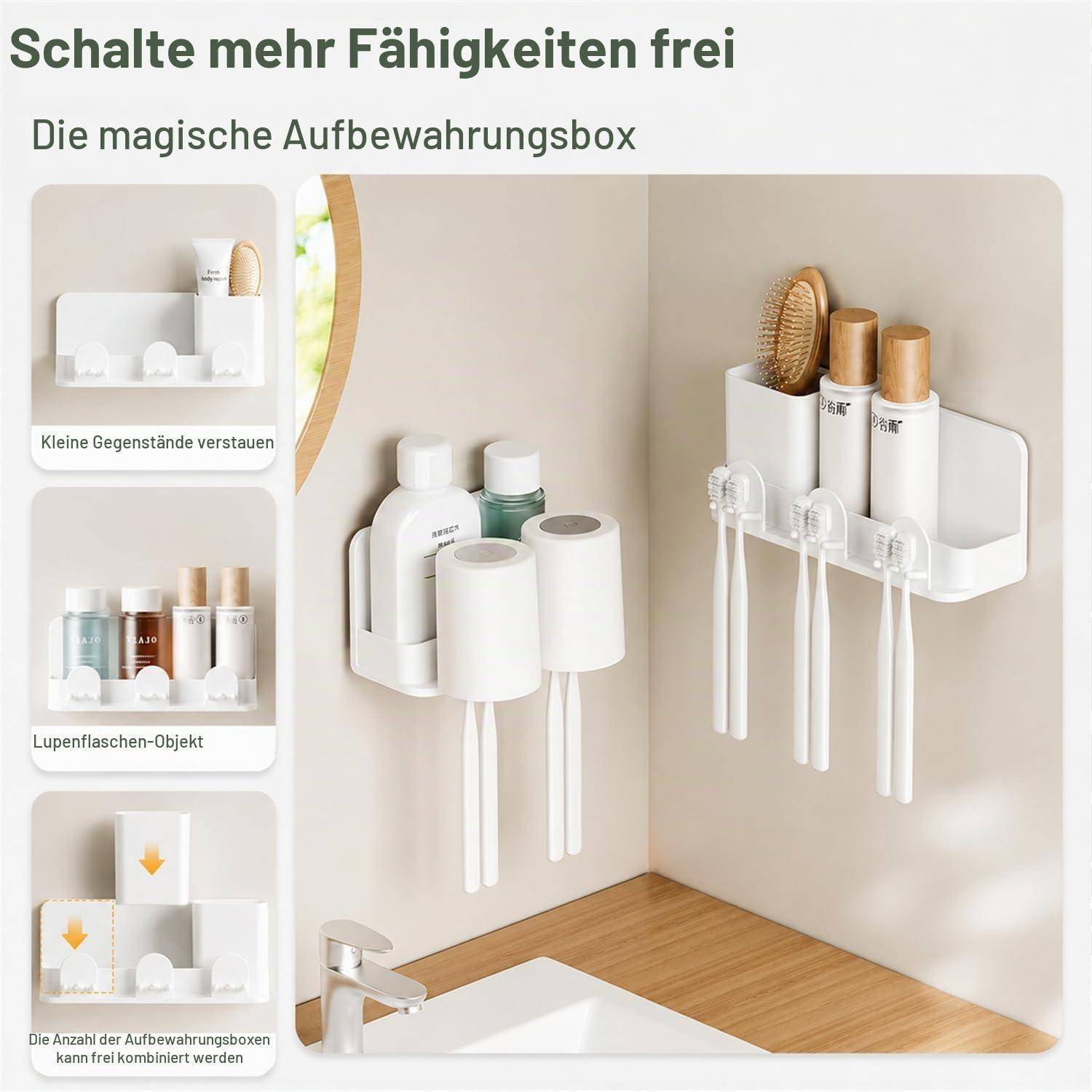 Werbebild einer weißen wandmontierten Badezimmer-Aufbewahrungsbox mit Toilettenartikeln und Zahnbürsten, mit eingefügten Ansichten, die kleine Gegenstände und modulare Kombinationsmöglichkeiten zeigen.