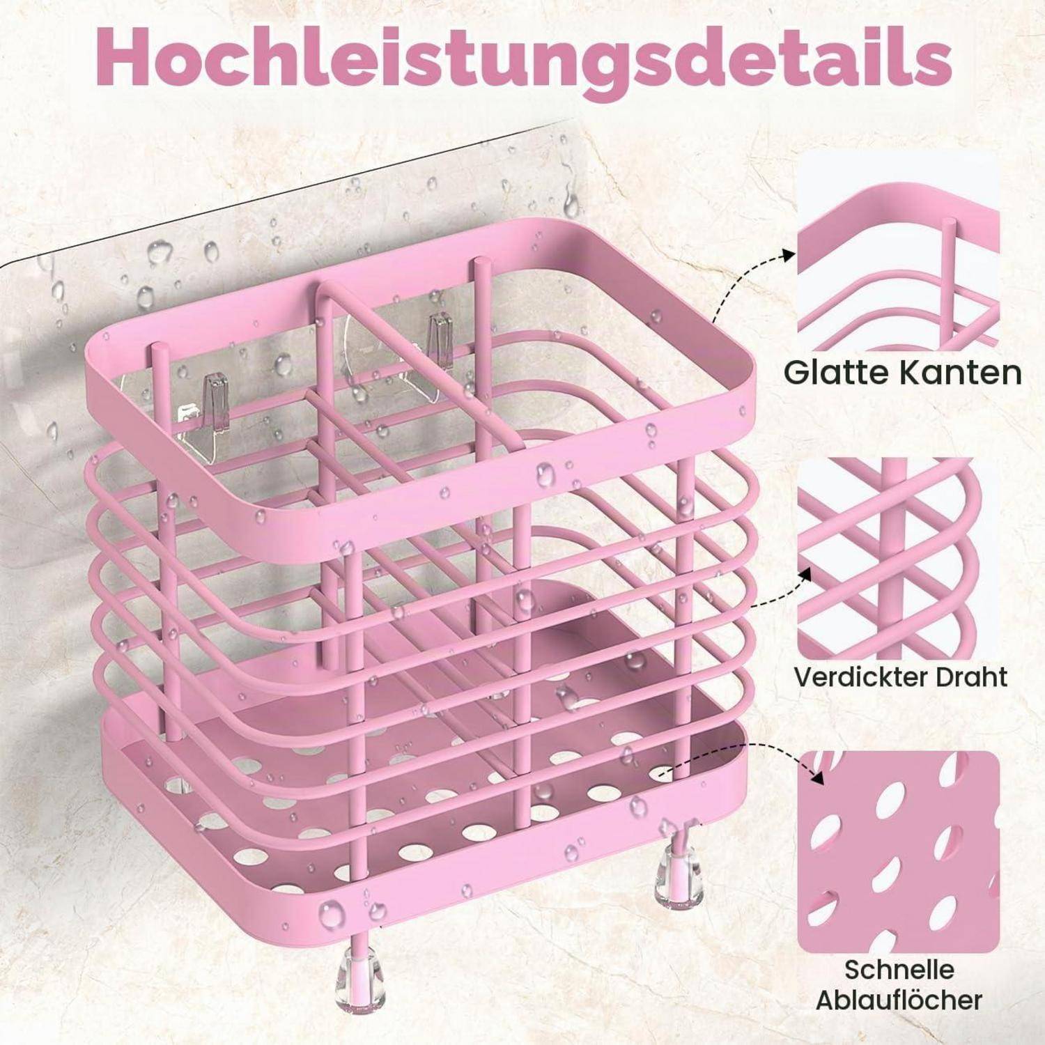 Rosafarbener Metallkorb mit Produktdetails: glatte Kanten, verstärkter Draht und schnelle Ablauflöcher, dargestellt mit deutschen Beschriftungen 