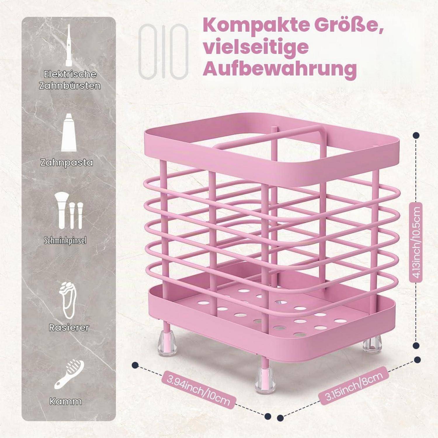 Rosa kompakte Arbeitsplatte-Lagerkaddy mit mehreren Fächern und Füßen, gekennzeichnet als vielseitiger Stauraum für elektrische Zahnbürste, Zahnpasta, Kosmetik, Rasierer und Kamm; Größe 4,13 x 3,15 x 10,5 Zoll.
