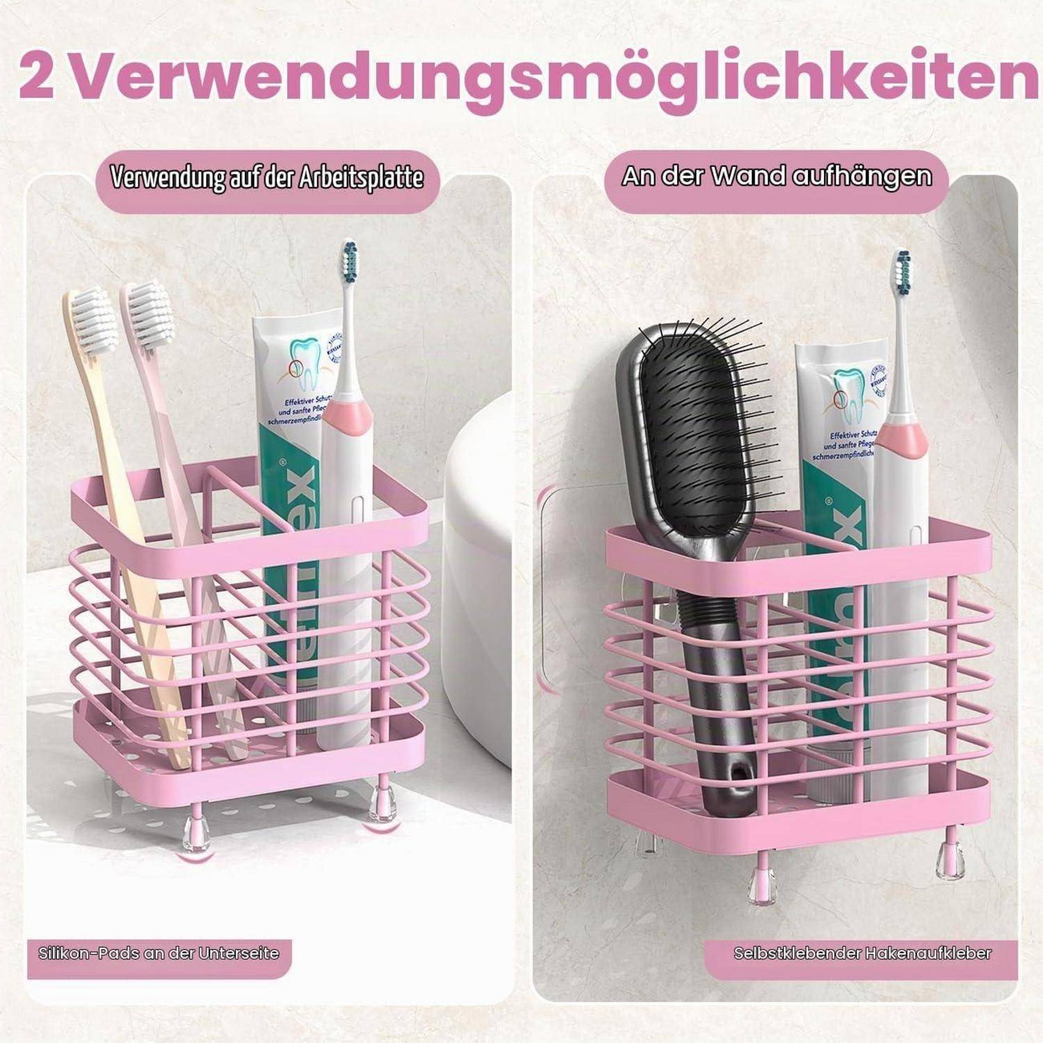 Rosafarbener Badezimmerorganizer, der in zwei Verwendungsarten gezeigt wird: auf der Arbeitsplatte oder wandmontiert, mit Platz für Zahnbürsten, Zahnpasta und eine Haarbürste.