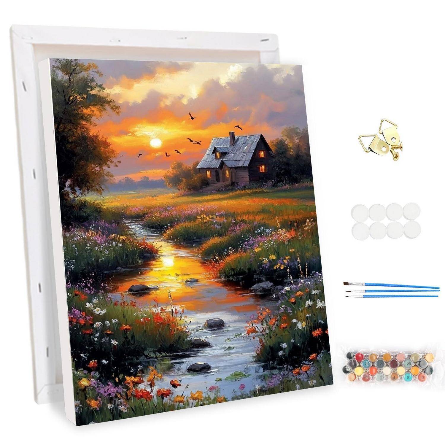 Diamantmalerei-Set mit einer Sonnenunterganglandschaft eines Hauses an einem Bach, plus Leinwand, Bohrsteine, Werkzeuge und Tabletts