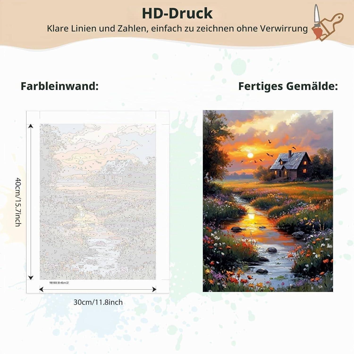 Werbeanzeige mit HD-Druck-Leinwand: Leere Malvorlage mit Umrissen auf der linken Seite und das fertige Sonnenuntergangs-Landschaftsgemälde auf der rechten Seite, beschriftet in Deutsch mit der Größe 30 x 40 cm.