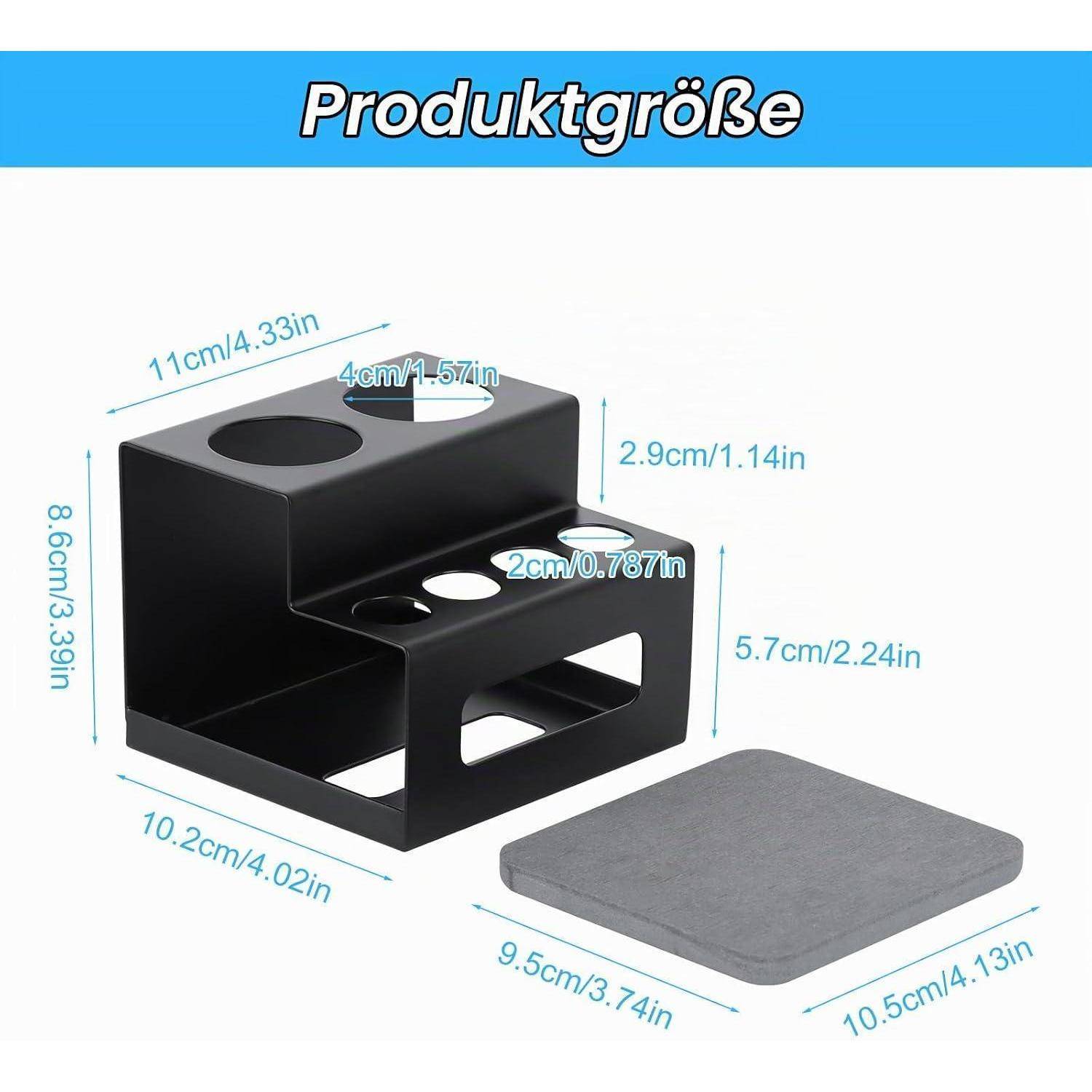 Produktgrößendiagramm eines schwarzen Schreibtischorganizers mit zwei runden Öffnungen und einer grauen Matte, beschriftet mit Abmessungen in cm und Zoll.