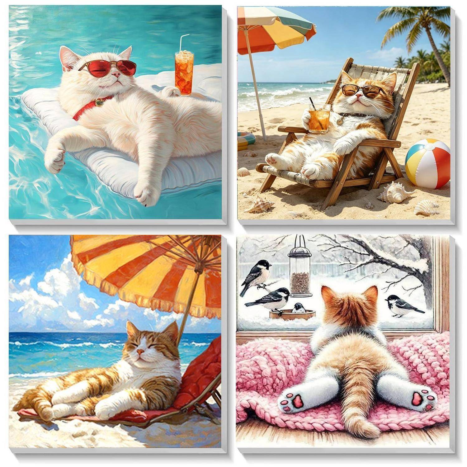 Vier Katzen-Urlaubsszenen: eine weiße Katze, die in einem Pool schwebt, eine getigerte Katze, die auf einem Strandkorb faulenzt, eine Katze, die unter einem Sonnenschirm ein Nickerchen macht, und ein Kätzchen, das von einem Fenster aus Vögel beobachtet.
