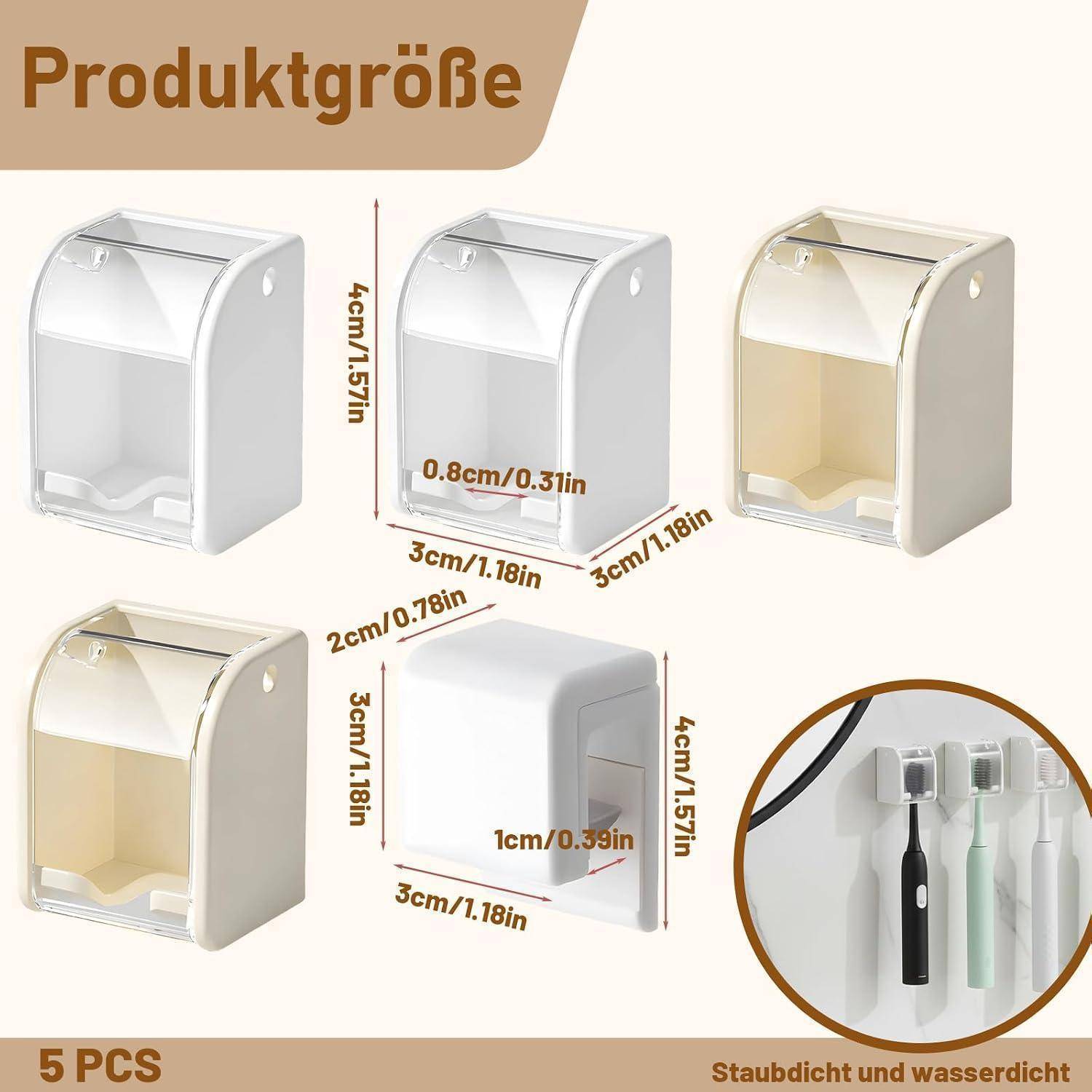 Produktgrößen-Diagramm für einen 5-teiligen wandmontierten Zahnbürstenhalter mit den Abmessungen 4 cm x 3 cm x 3 cm und ein Badezimmer-Speicherungsbeispiel.