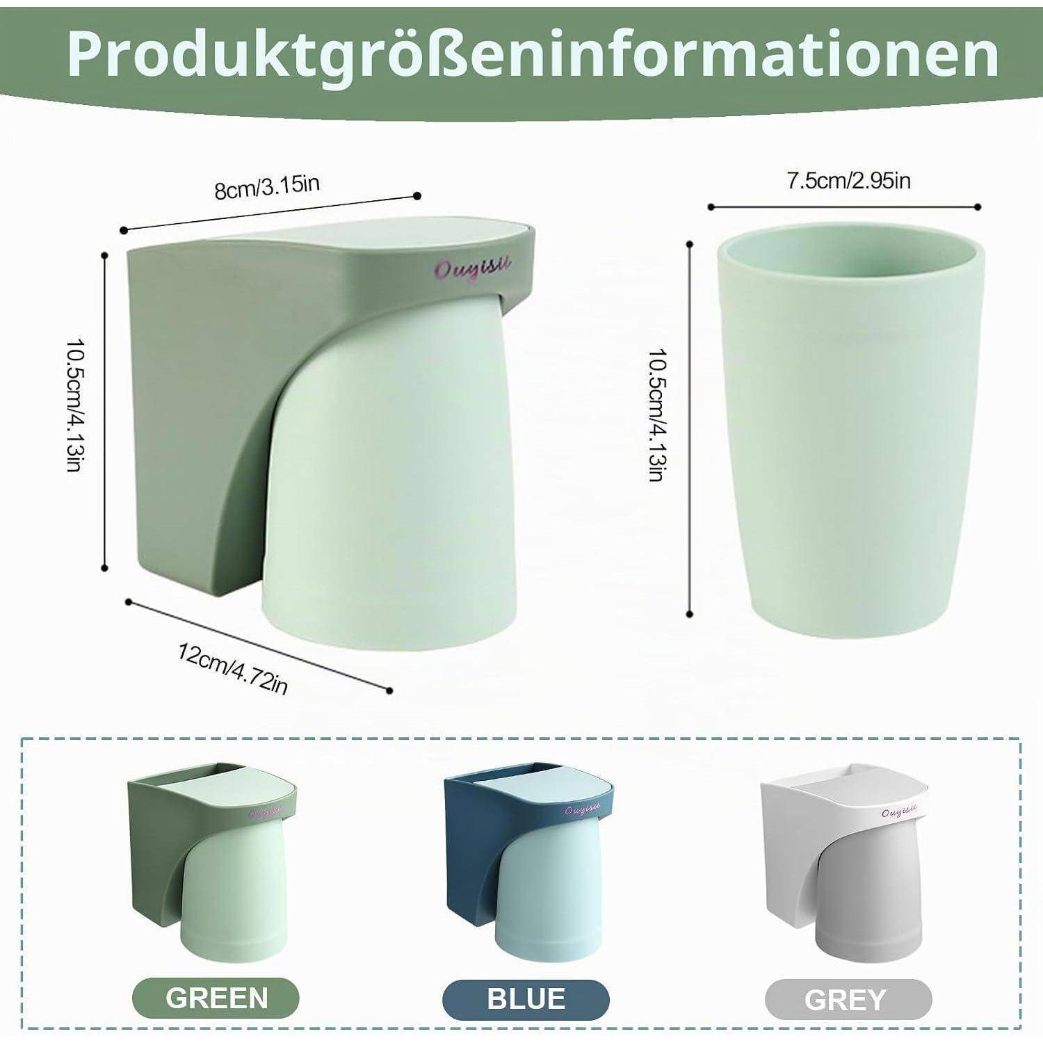 Produktinformationsgrafik, die einen Kunststoffdeckel für Becher in Grün, Blau und Grau zeigt, mit Abmessungen von 8 cm Breite, 10,5 cm Höhe, 12 cm Tiefe; der Becher misst 7,5 cm Breite und 10,5 cm Höhe.