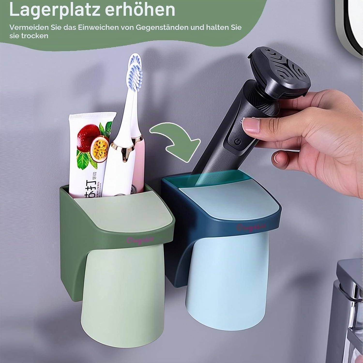 Wandmontierter Badezimmorganizer mit Fächern für eine Zahnbürste, Zahnpasta und einen elektrischen Rasierer, zeigt erweiterten Stauraum und einfachen Zugriff.