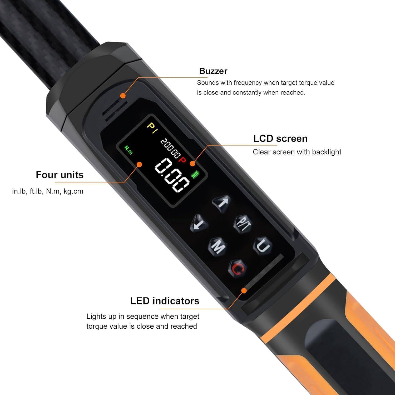 Annotierter digitaler Drehmomentschlüssel mit LCD-Display, Buzzer, Einheitenwähler und LED-Indikatoren für Zielmoment-Warnungen.