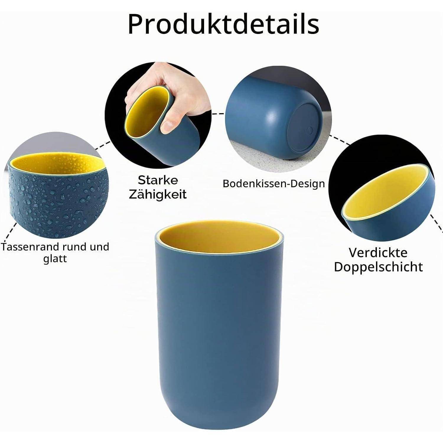 Produktdetailgrafik eines blauen Bechers mit gelbem Innenraum, die einen glatten Rand, hohe Bruchfestigkeit, Bodenkissenentwurf und dicke Doppelschicht hervorhebt.