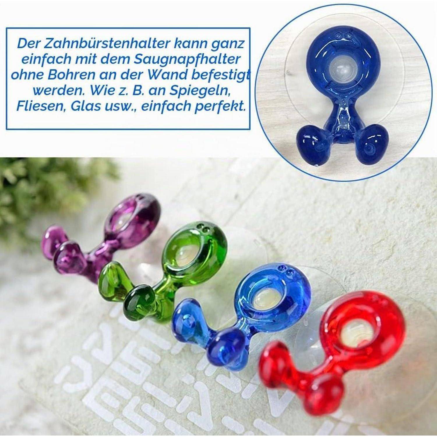 Bunte Zahnbürstenhalter mit Saugnäpfen an einer Wand; eingefügter Text auf Deutsch besagt, dass sie ohne Bohren an Spiegeln, Fliesen oder Glas angebracht werden können.