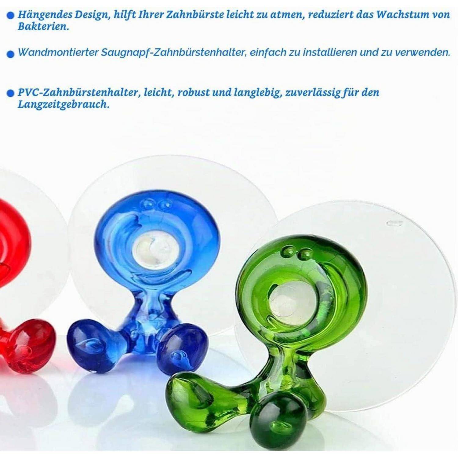 Produktabbildung von hängenden Zahnbürstenhaltern mit Saugnapf in Blau, Grün und Rot; der deutsche Text hebt das atmungsaktive, leicht zu installierende PVC-Design hervor.