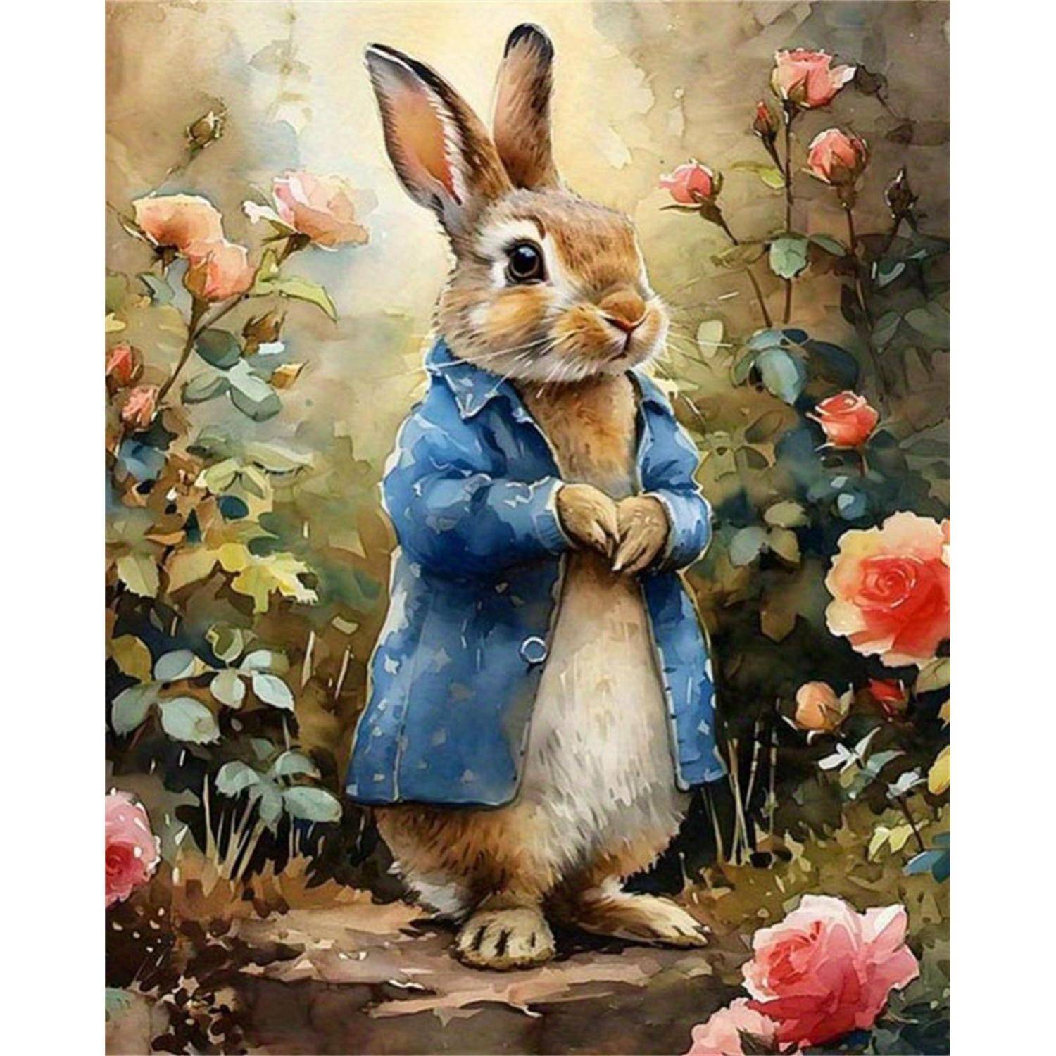 Illustration eines Kaninchens in einem blauen Mantel, das unter blühenden Rosen in einem Garten steht.