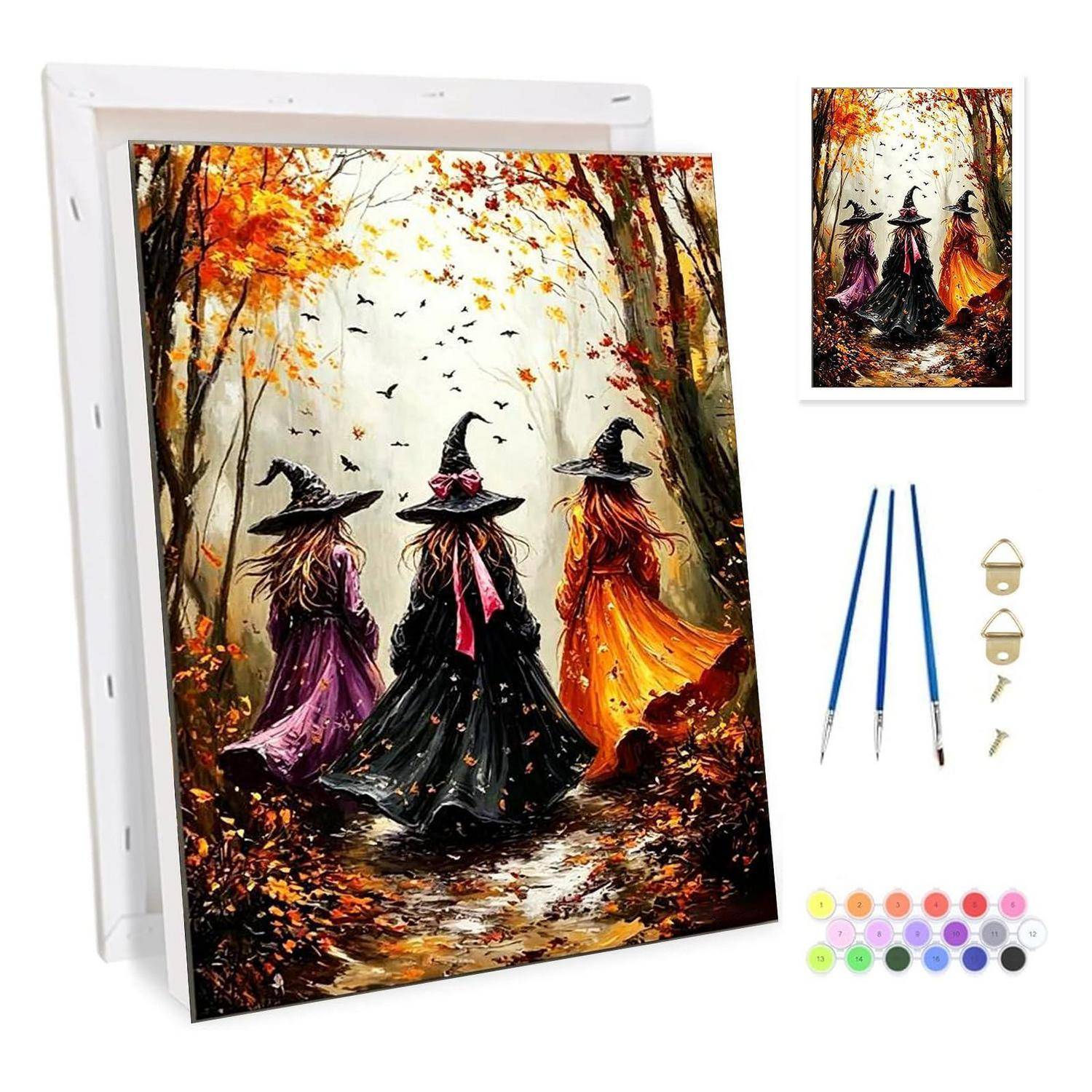 DIY Malen-nach-Zahlen-Set mit drei Hexen, die durch einen Herbstwald gehen, mit Pinseln, Aufhängehardware und Farbtöpfen im Lieferumfang enthalten.
