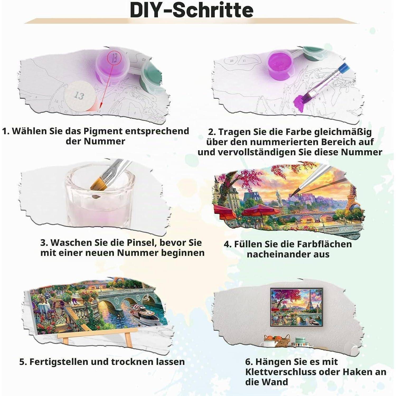 Deutsches DIY-Projekt für Malen nach Zahlen: Passende Farbe auswählen, nummerierte Bereiche ausfüllen, Pinsel reinigen, fertigstellen und trocknen lassen, dann an die Wand hängen.
