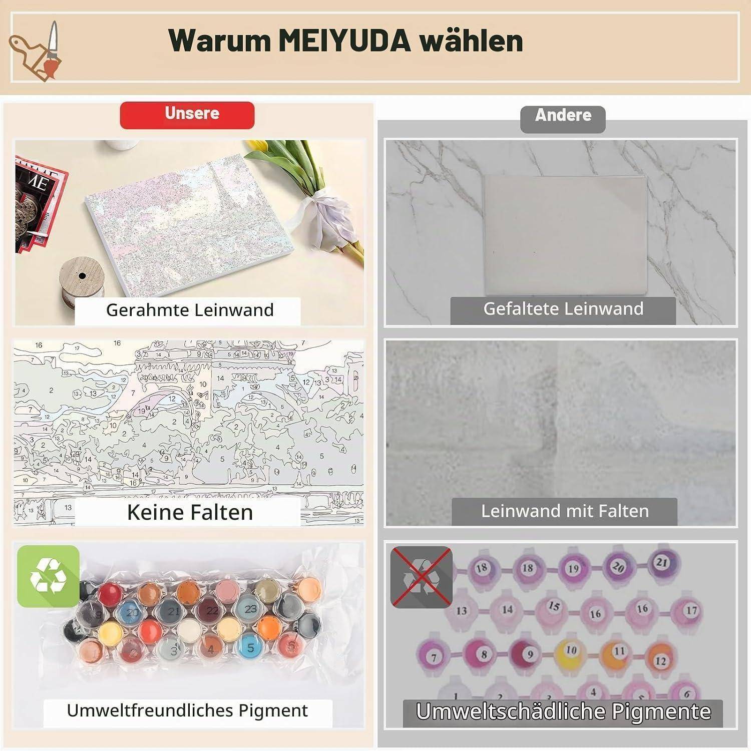 Vergleichsgrafik: MEIYUDA Leinwand mit Rahmen hat keine Falten und umweltfreundliche Pigmente, im Gegensatz zu gefalteten Leinwänden und schädlichen Pigmenten, die unter „Andere