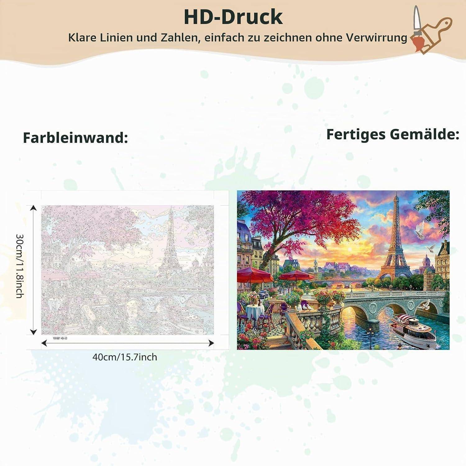 HD-Druck Produktbild zeigt eine leere Leinwand mit den Abmessungen 40 cm x 30 cm neben einer fertigen farbenfrohen Pariser Szene mit dem Eiffelturm und einem Flussboot.