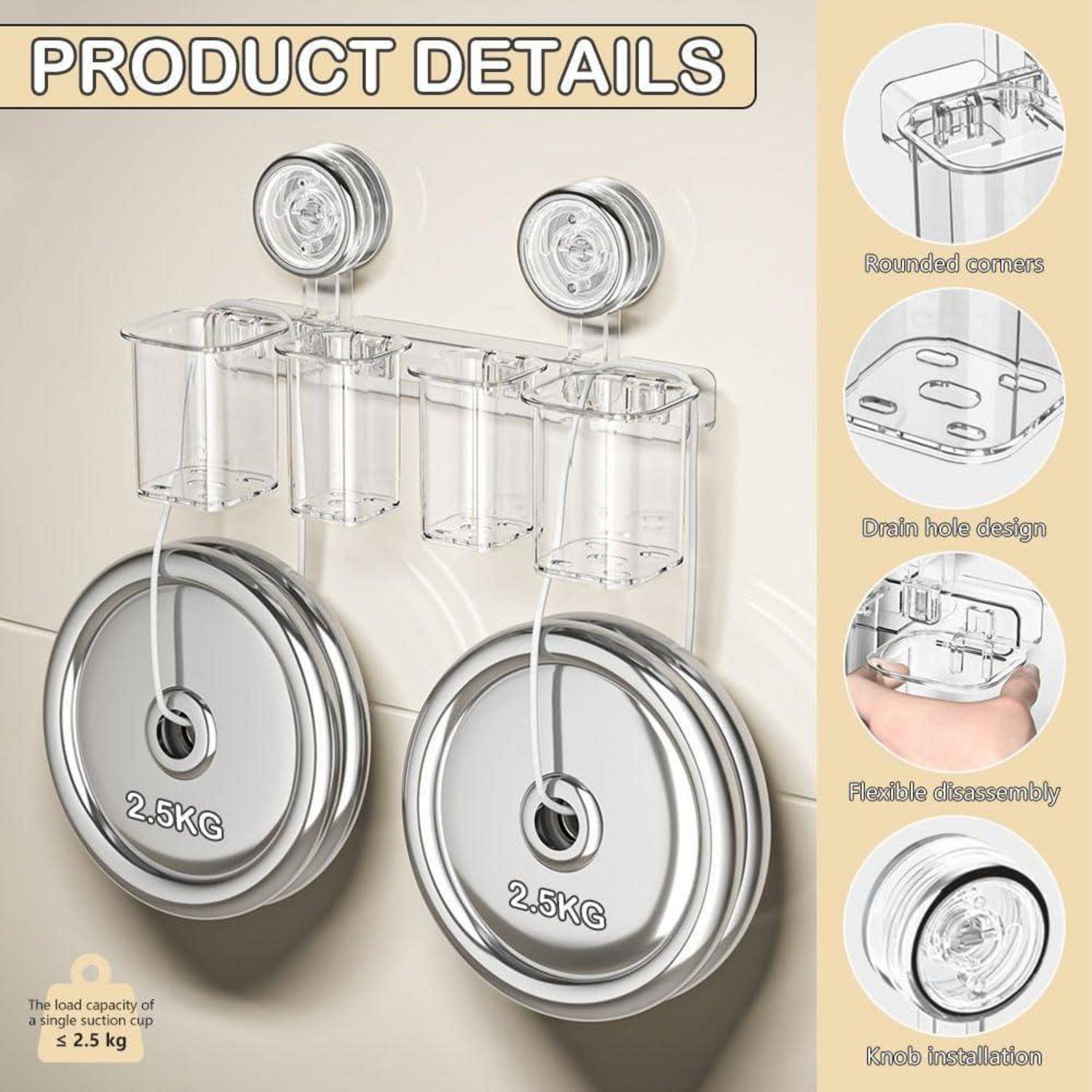 Produktdetails-Grafik zeigt einen transparenten Saugnapf-Wandorganizer mit vier Fächern und zwei Aufhängehaken, die jeweils 2,5 kg tragen.