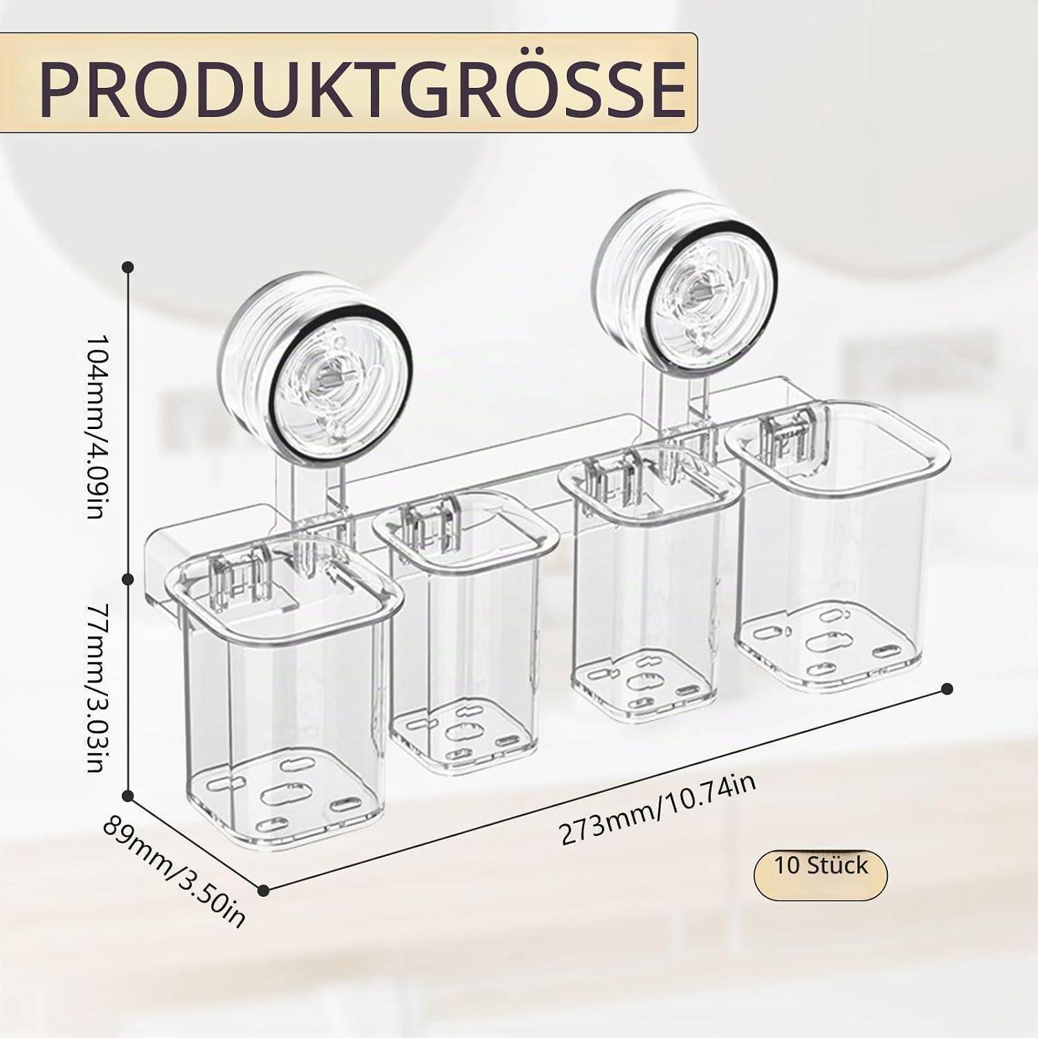 Diagramm mit der Produktgröße von vier durchsichtigen Kunststoffbehältern mit runden Deckeln; Abmessungen gekennzeichnet mit 273 mm Breite, 104 mm Höhe, 89 mm Tiefe und „10 Stück