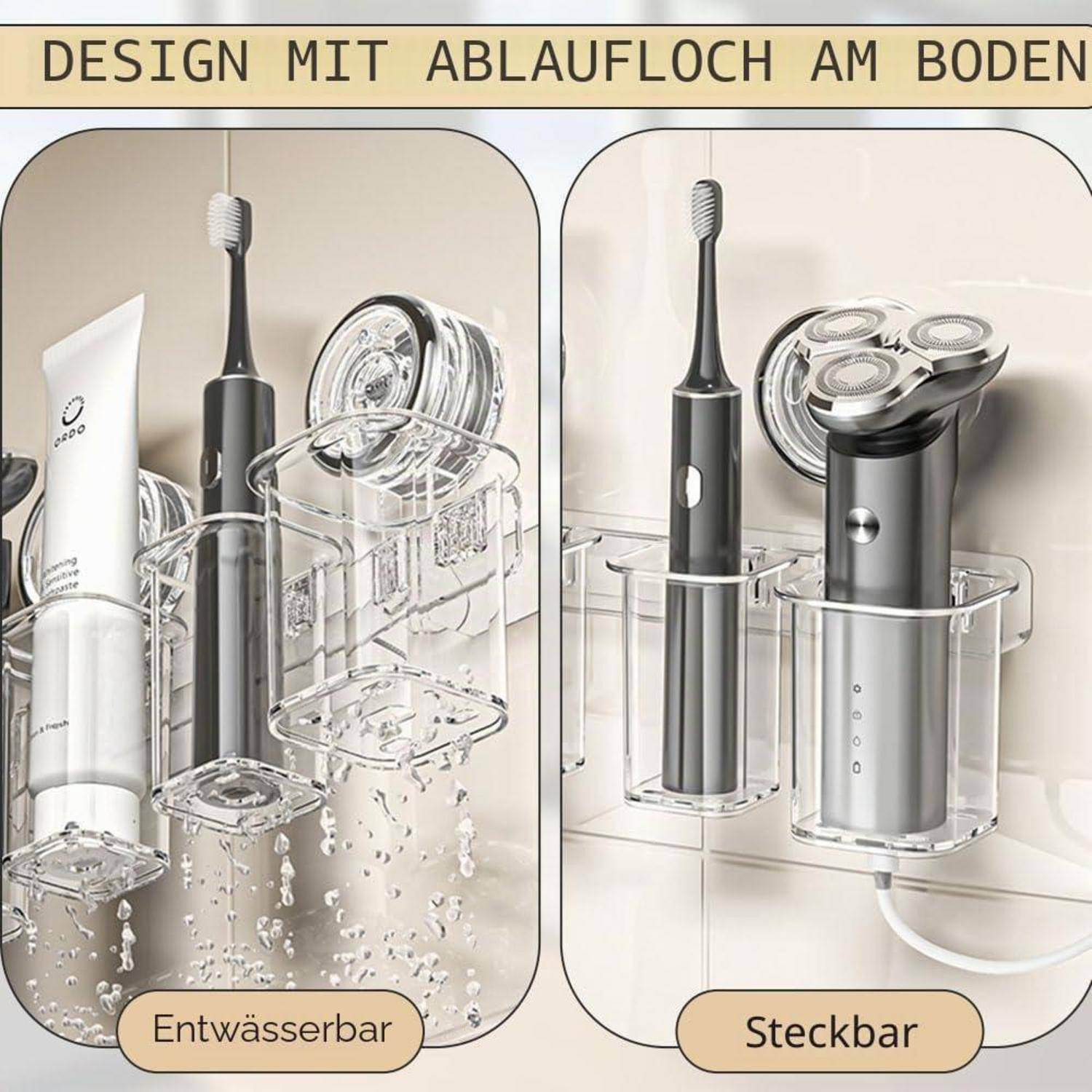 Nebeneinandervergleich von wandmontierten Badezimmerorganizern für Zahnbürste, Zahnpasta und Elektrorasierer, gekennzeichnet mit „Entwässerbar