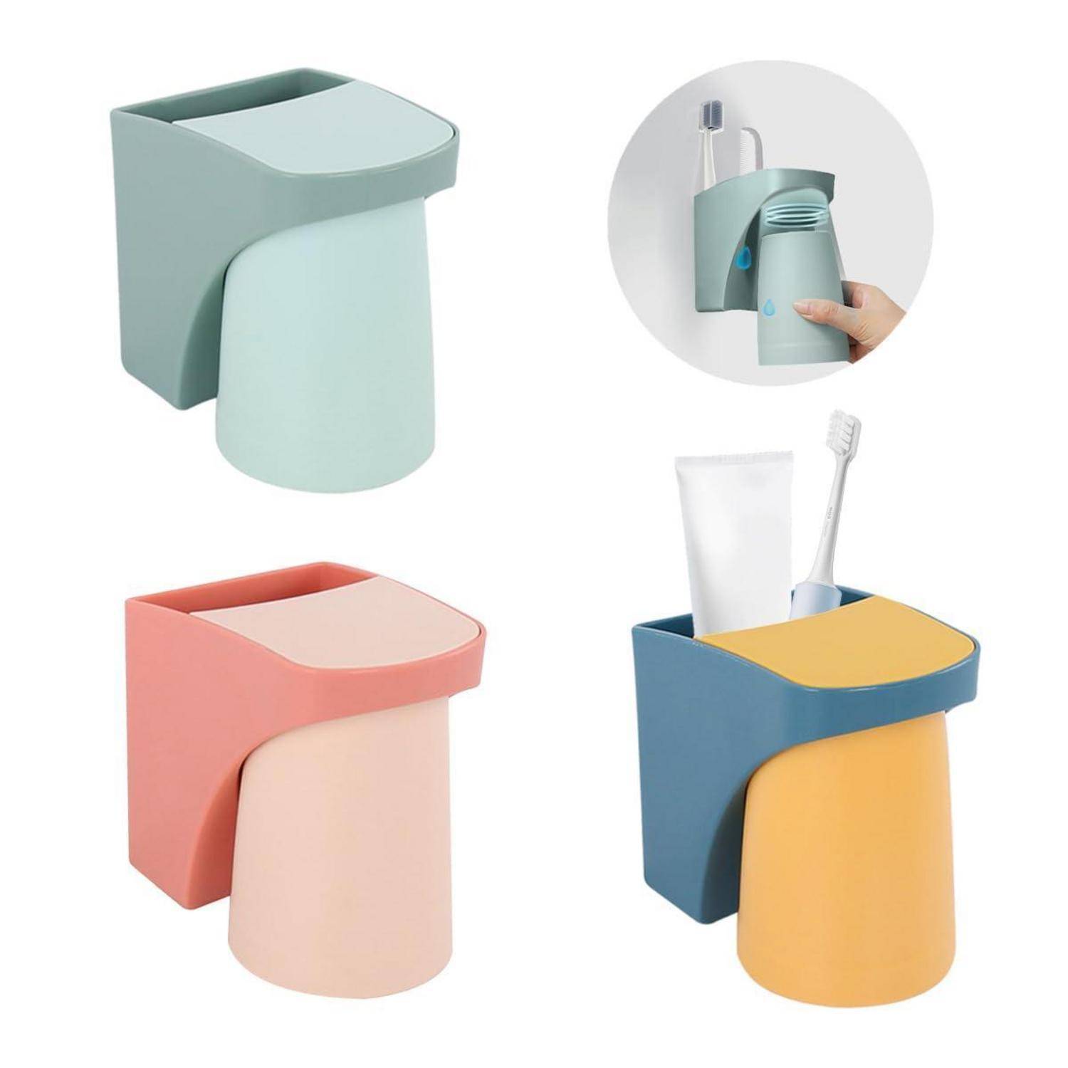 Vier Farbvarianten eines wandmontierten Badezimmer-Organizers mit vorderer Tasse und oberer Ablage, gezeigt mit Zahnbürste und Zahnpasta im Inneren gelagert.