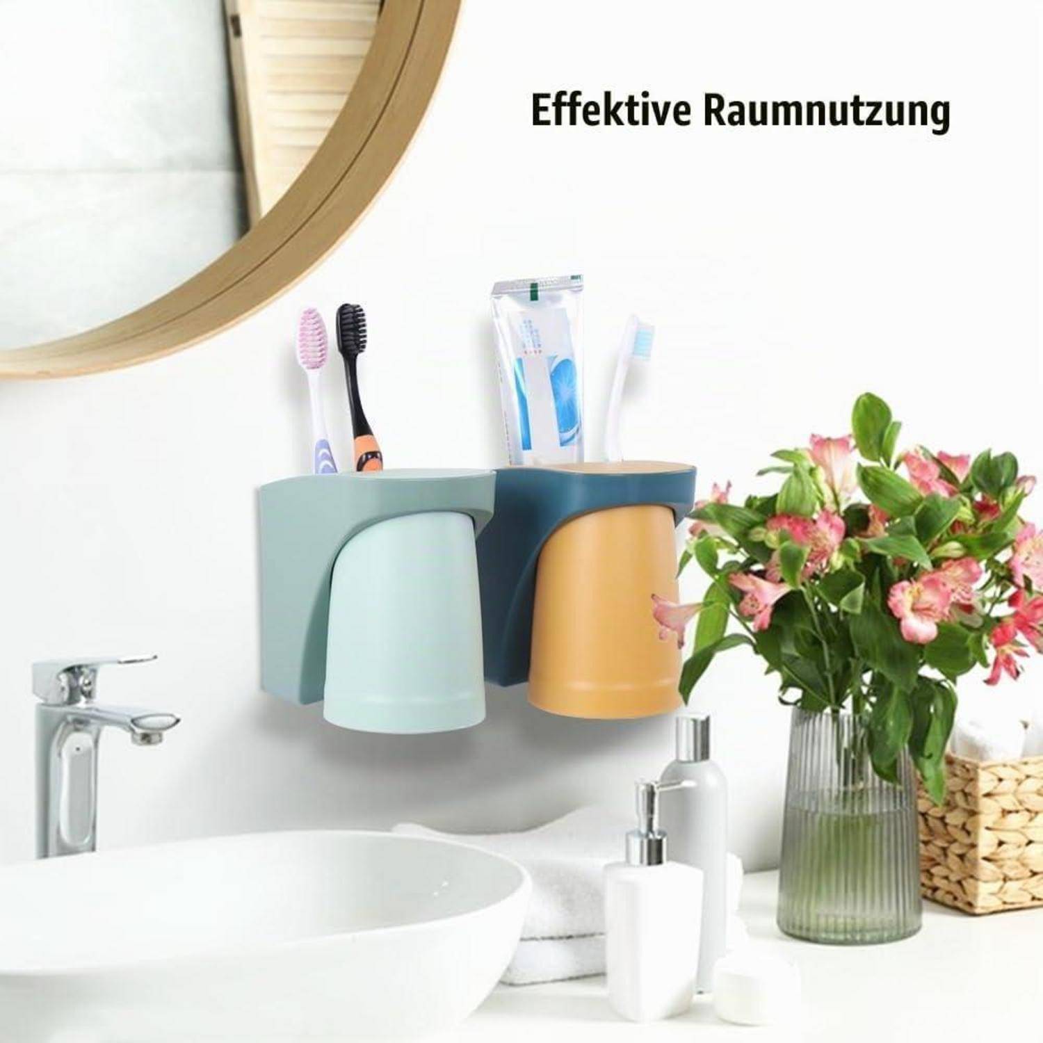 Wandmontierter Badezimmerorganizer über einem Waschbecken, der Zahnbürsten und Toilettenartikel hält, mit dem deutschen Text 