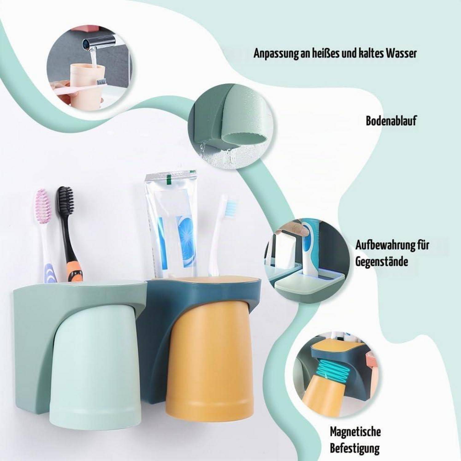 Abbildung eines modularen Spülbeckenorganizers mit Bechern für Zahnbürsten und Lagerung, mit in Deutsch beschrifteten Funktionen: Warmwasser- und Kaltwassereinstellung, Ablauf, Gegenstandslagerung und magnetische Befestigung.