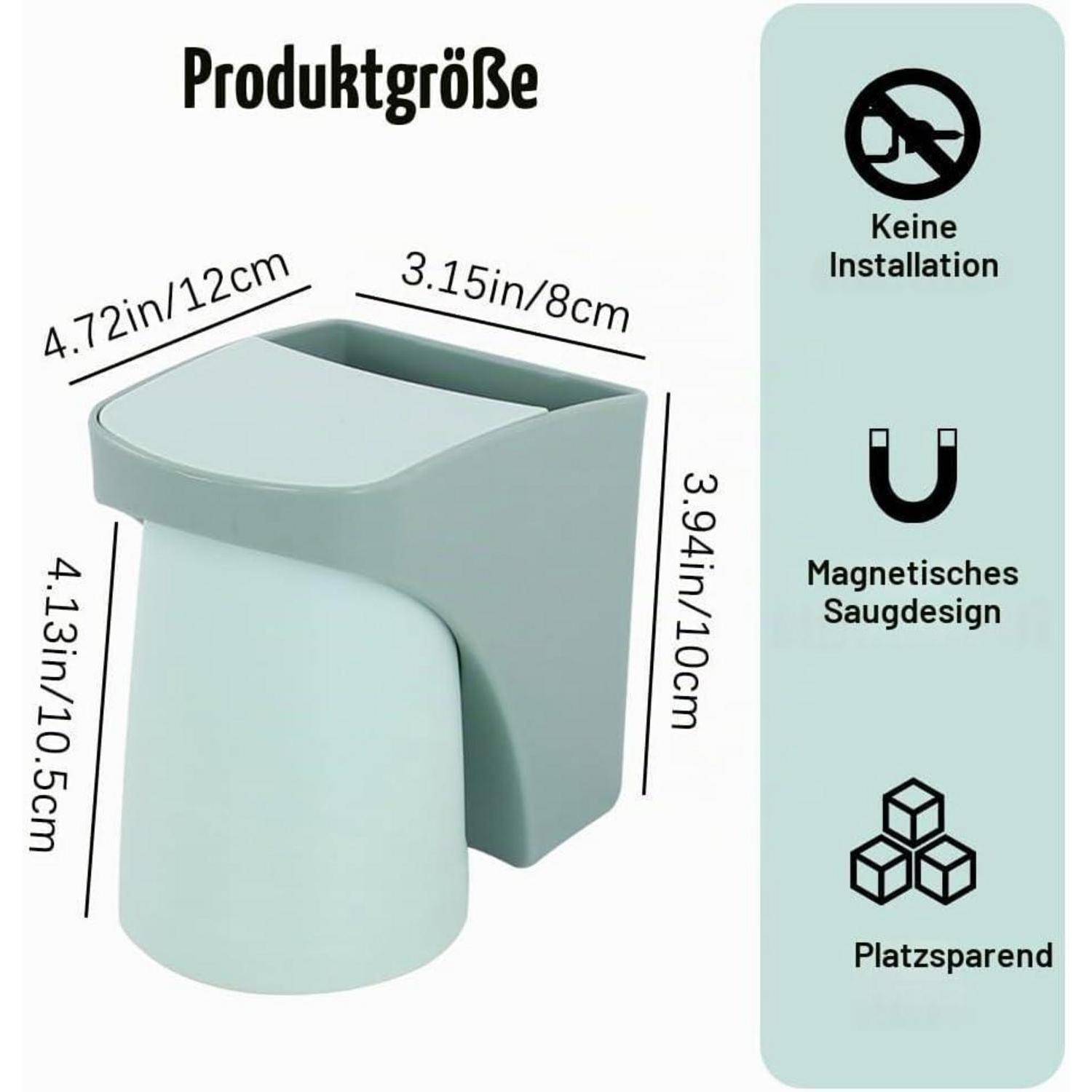 Größendiagramm eines mintgrünen magnetischen Saughalters: 4,72 x 3,15 x 3,94 Zoll, 3,94 Zoll Höhe; der Text besagt keine Installation und platzsparend.
