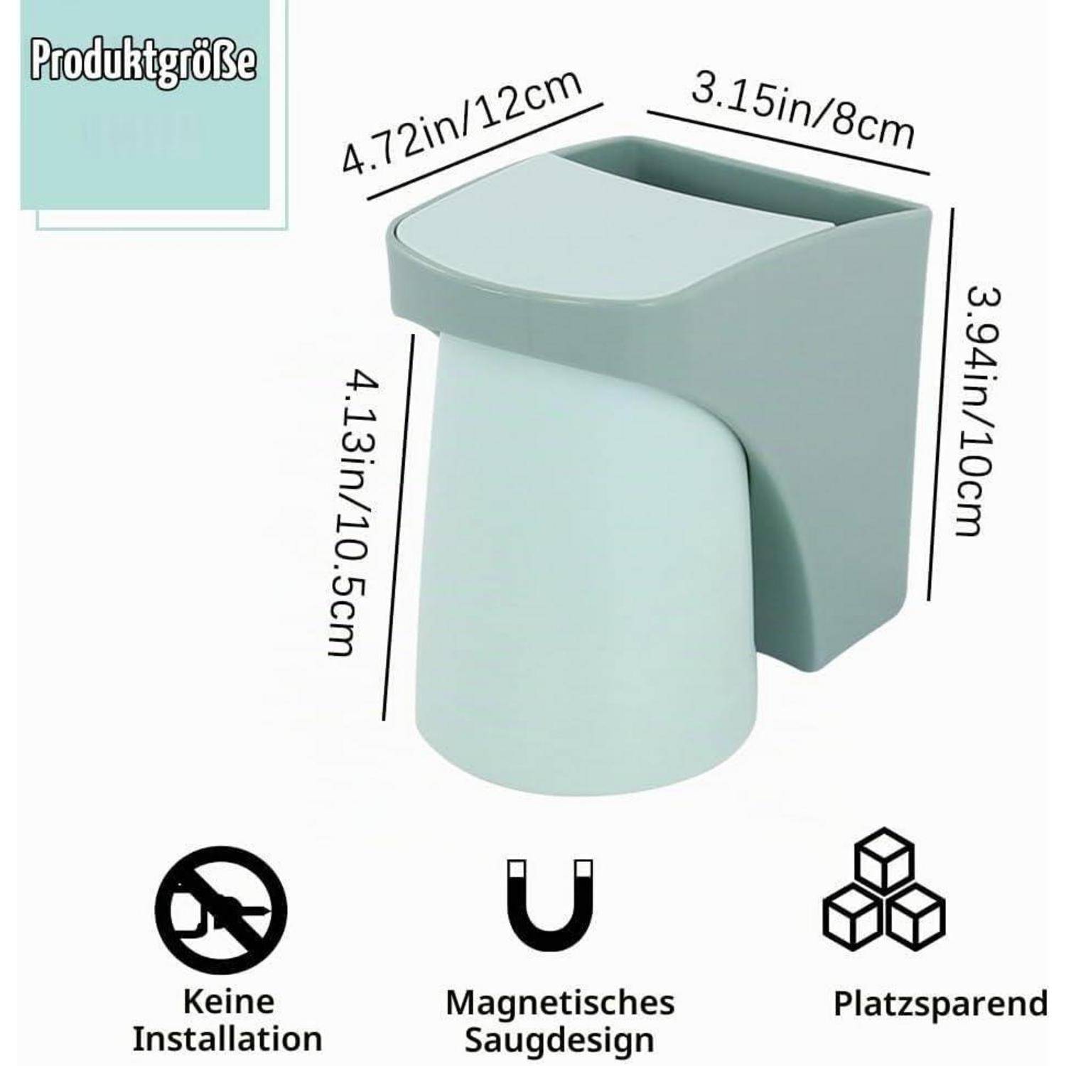 Grafik zur Produktgröße zeigt einen kompakten magnetischen Lagerbehälter, 4,72 x 3,15 x 3,94 Zoll, 4,13 Zoll hoch; Symbole zeigen keine Installation erforderlich, magnetisch, platzsparend.