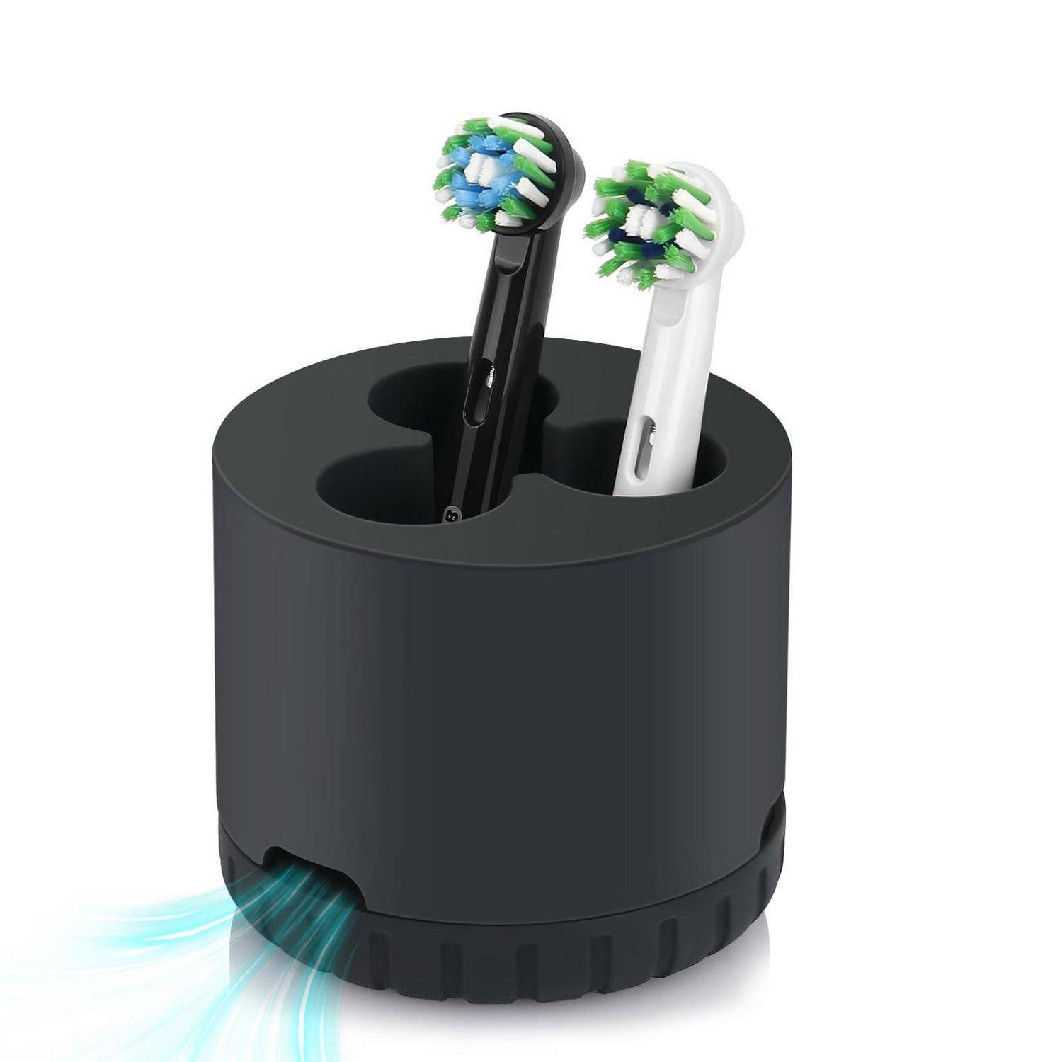 Schwarzer zylindrischer Zahnbürstenhalter mit zwei elektrischen Zahnbürsten und einem blauen Luftstromeffekt von der Basis