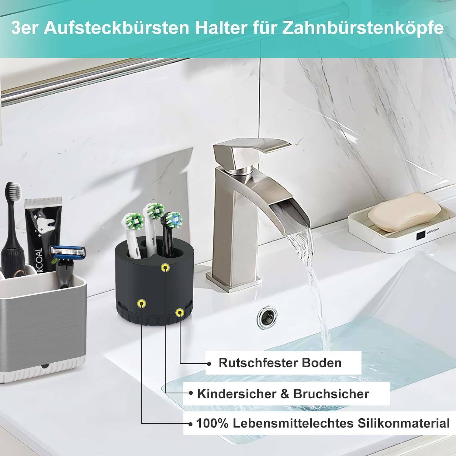 Badezimmer-Thekenproduktdisplay mit einem 3er-Zahnbursthenhalter neben elektrischen Zahnbürsten, mit deutschen Etiketten, die die rutschfeste Basis, das kindersichere bruchsichere Design und das Lebensmittelsilikon-Material hervorheben.