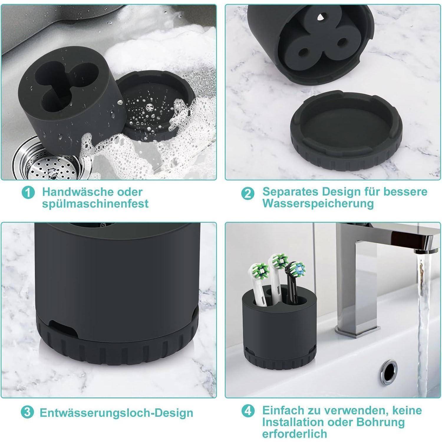 Vierteiliges Produktbild eines schwarzen Zahnbürstenhalters für die Arbeitsplatte mit abnehmbaren Teilen, Drainagelöchern und einem Tablett; der Text hebt einfaches Handwaschen, Wasserspeicherung, Drainage und installationsfrei Verwendung hervor.