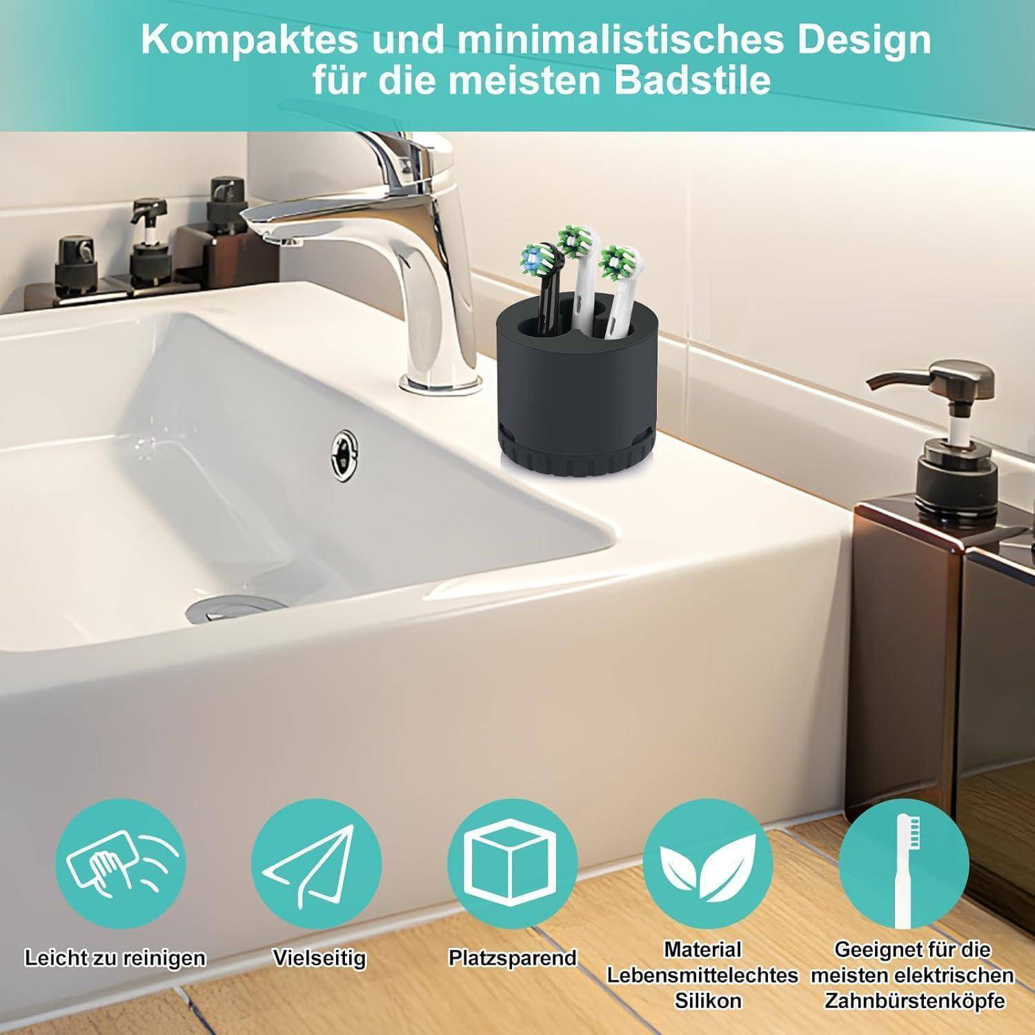Badezimmerspüle mit Wasserhahn und Zubehör; Der Text besagt „Kompaktes und minimalistisches Design für die meisten Badstile