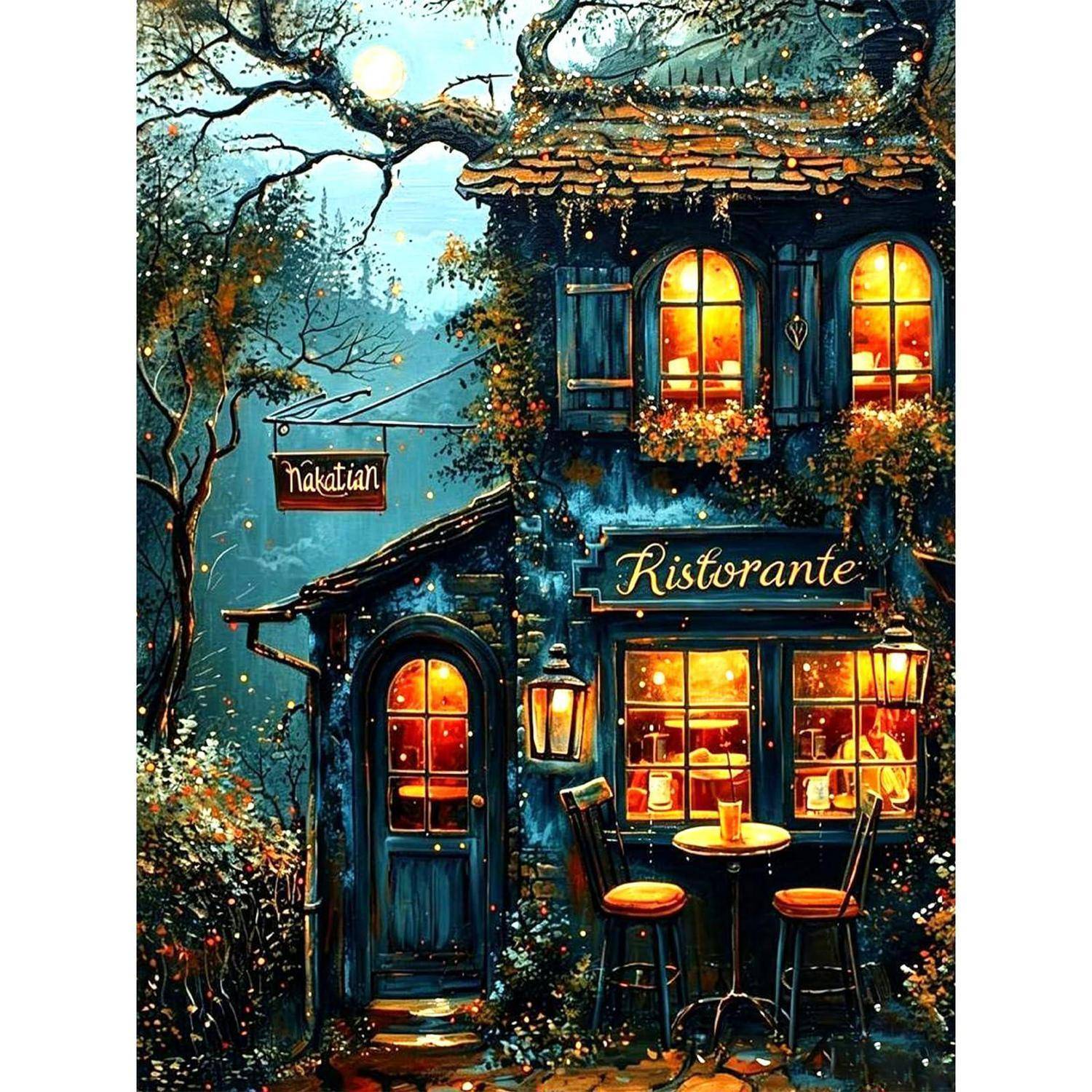 Illustriertes gemütliches italienisches Restaurant mit leuchtenden Fenstern, Außentisch und Stühlen sowie Schildern mit der Aufschrift 