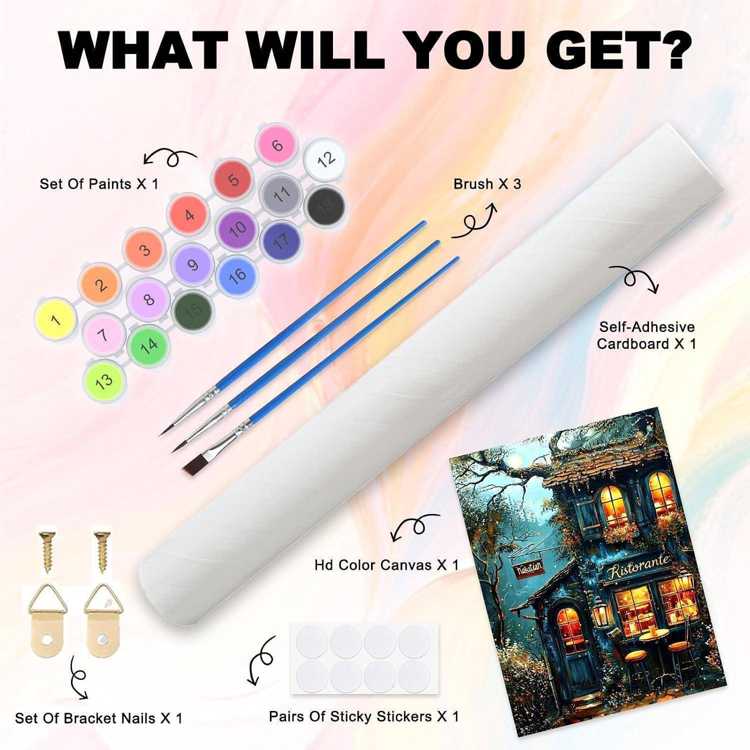 Produktinhalte dargestellt: Set von Farben, 3 Pinsel, selbstklebendes Karton, hochfarbige Leinwand, 1 Set Befestigungsnägel und klebende Aufkleber-Paare.