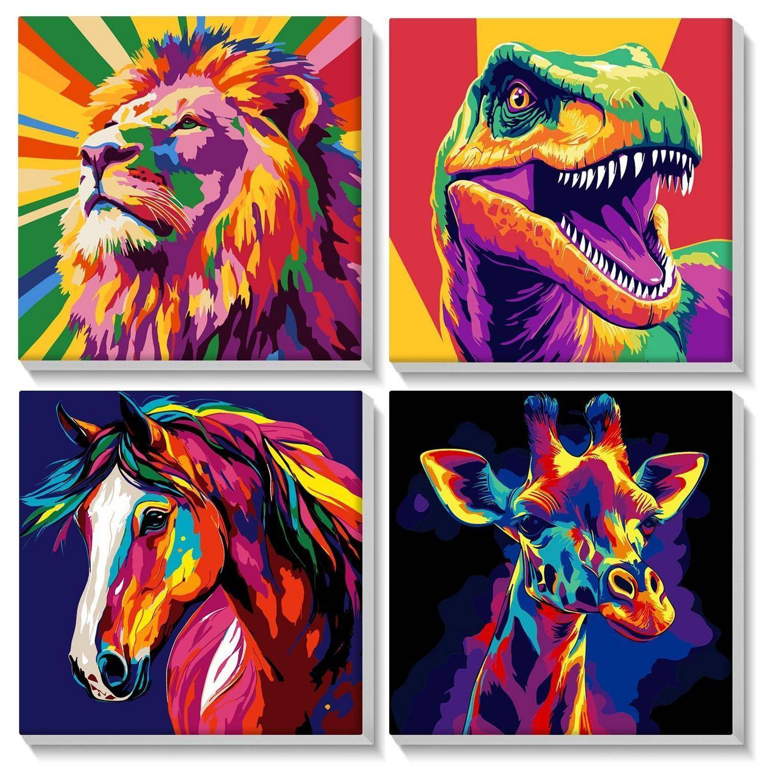 Vier bunte Pop-Art-Tierporträts: Löwe, Dinosaurier, Pferd und Giraffe auf quadratischen Leinwänden.