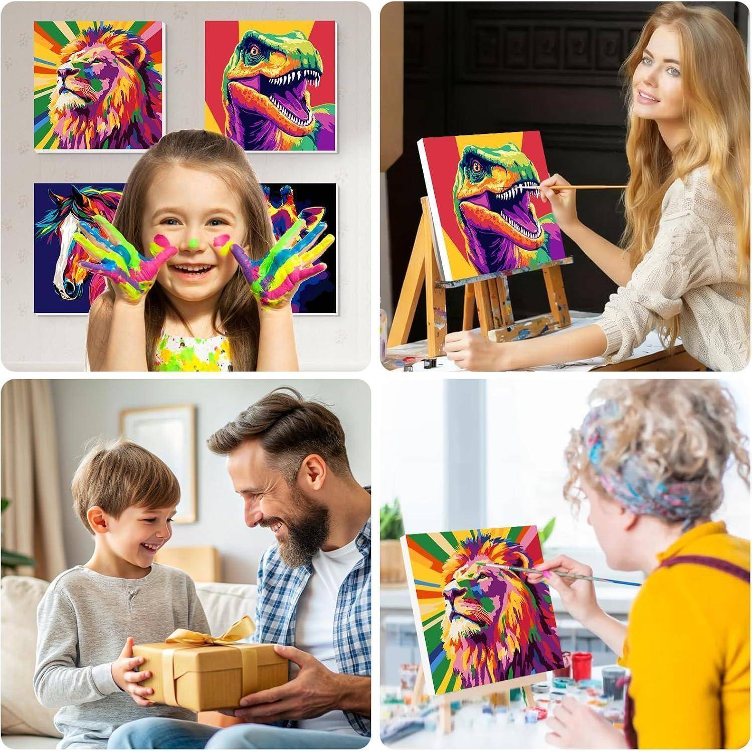 Collage von Menschen, die bunte Pop-Art-Tierporträts erstellen und anmalen, darunter ein Kind, eine Frau, ein Vater mit Sohn und ein älterer Künstler in einem Atelier.