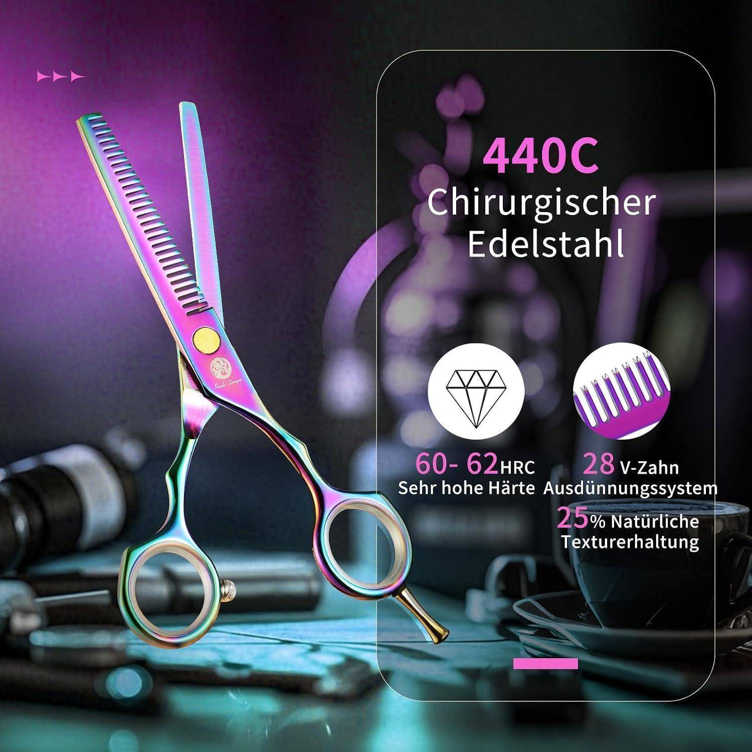 Regenbogenbeschichtete Haarschneidescheren mit Bezeichnung 440C Chirurgenstahl, 60-62 HRC, 28er-Zahnungssystem und 25% natürliche Texturbeibehaltung.