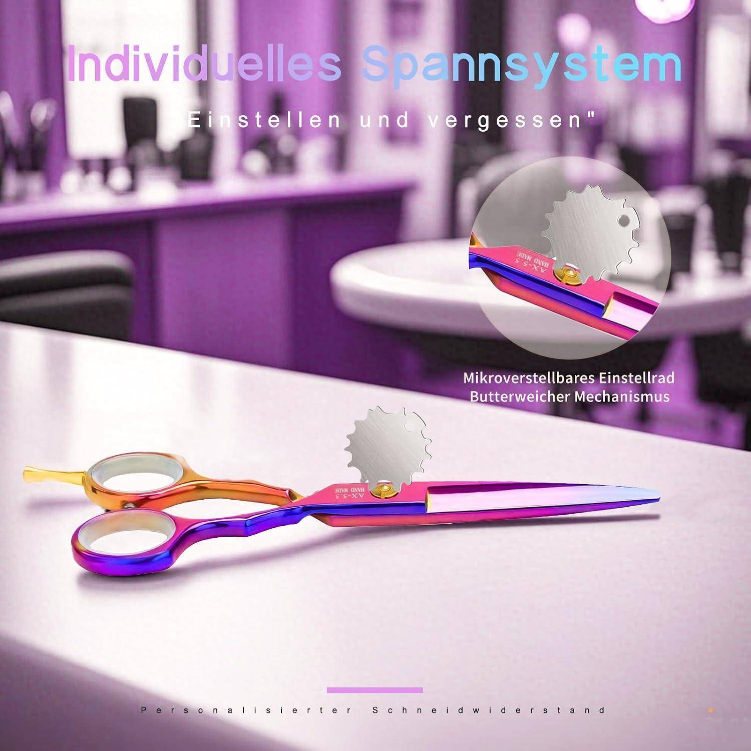 Werbebild von farbenfrohen Haarschneidescheren mit einem mikroverstellbaren Schraubenmechanismus, gekennzeichnet mit „Individuelles Spannsystem