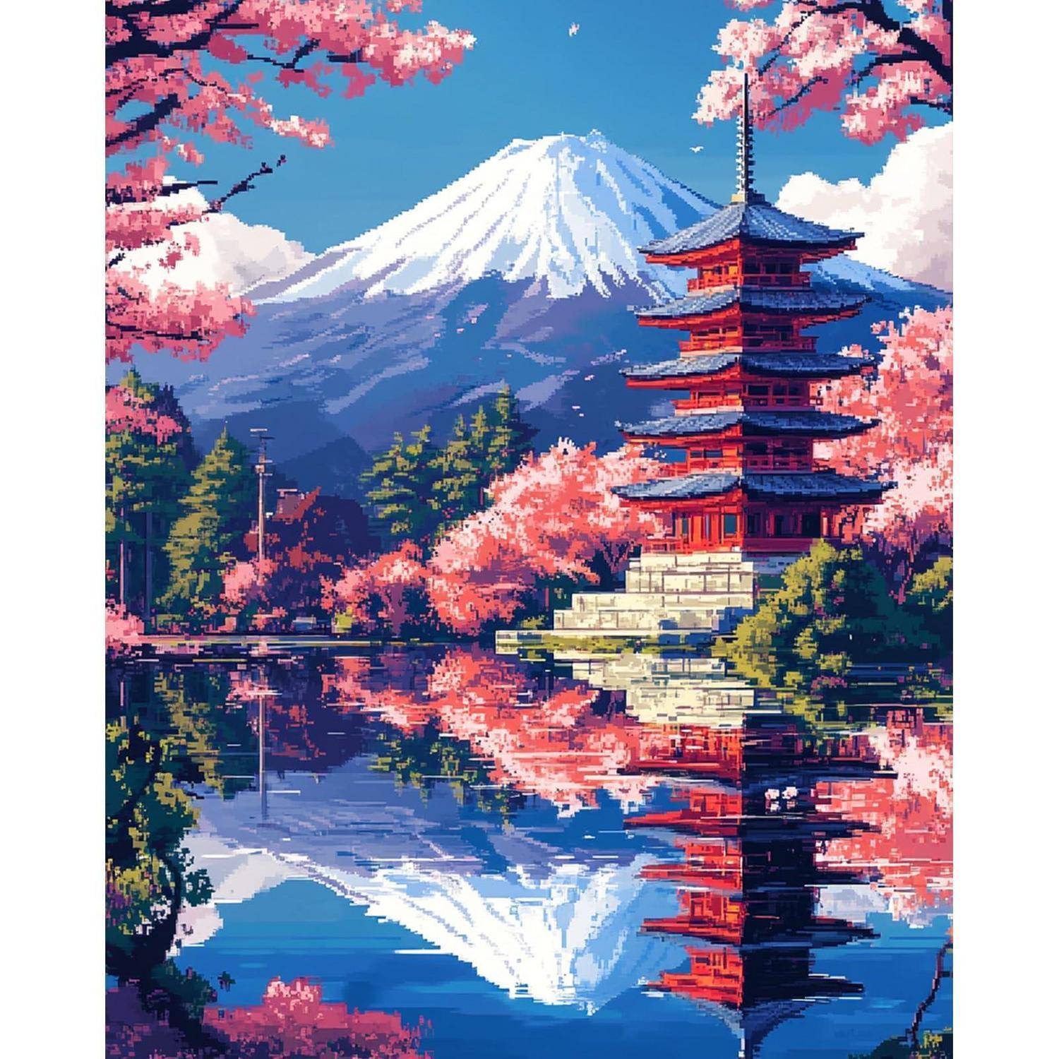 Schneebedeckter Berg Fuji hinter einer roten Pagode und Kirschblüten, gespiegelt in einem ruhigen See in einer stilisierten japanischen Landschaft.