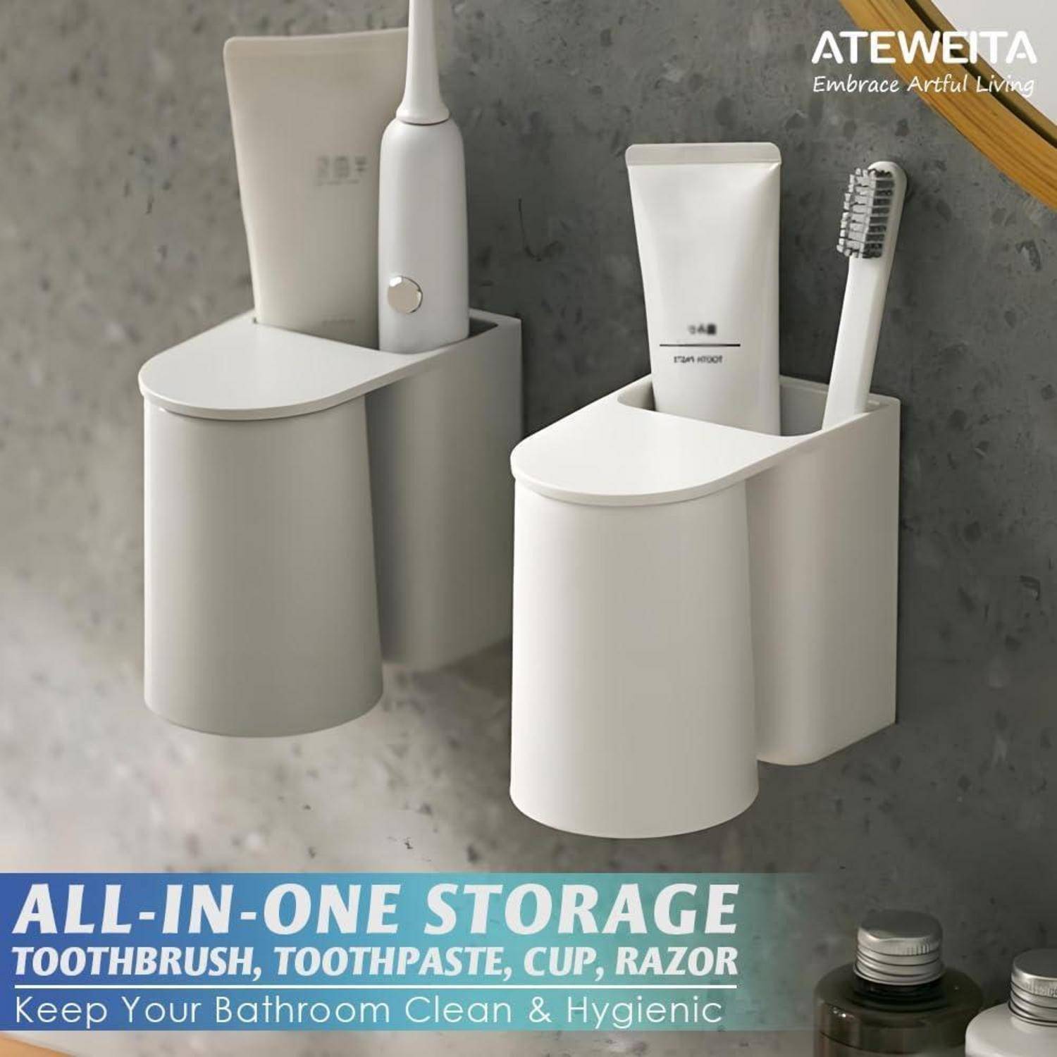 Werbebild eines wandmontierten Badezimmerorganizers mit Bechern, die eine Zahnbürste, Zahnpasta und einen Rasierer halten, mit dem Text „ALLES-IN-EINEM-SPEICHER