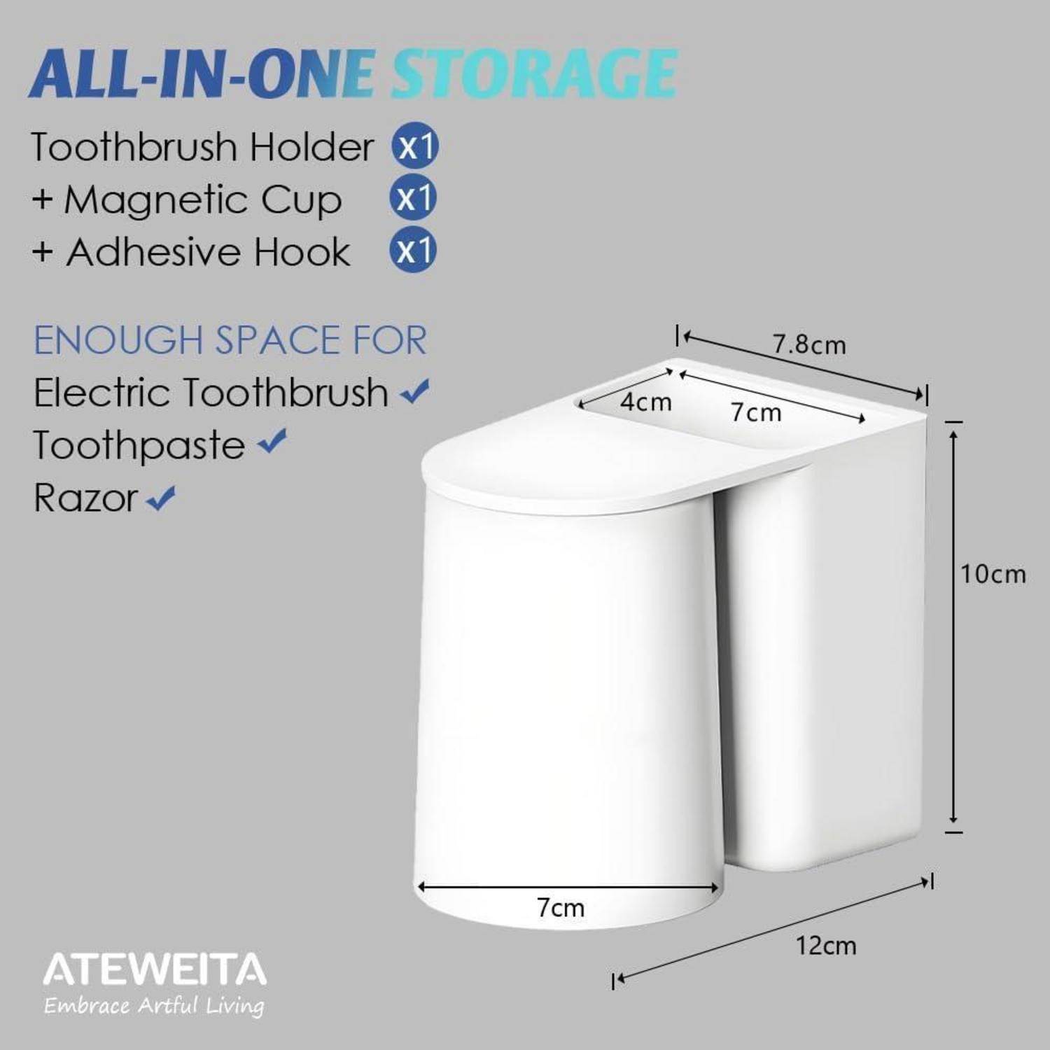 All-in-one Zahnbürstenhalter mit magnetischem Becher und Klebehaken; weiße wandmontierte Ausführung mit Abmessungen und Platz für elektrische Zahnbürste, Zahnpasta und Rasierer.