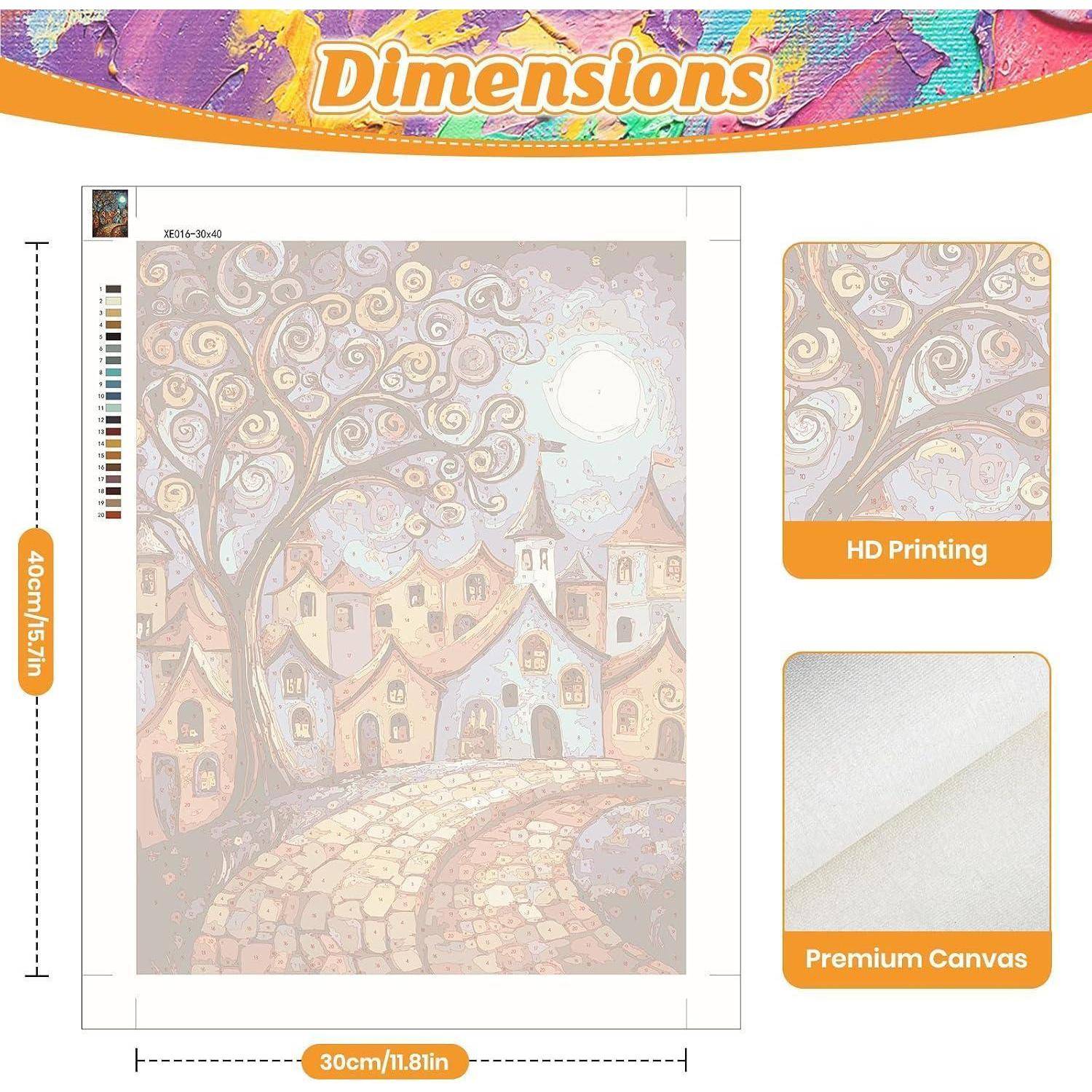 Produktabmessungen-Grafik mit einem Leinwanddruck in der Größe 40 cm × 30 cm, mit Hinweisen auf „HD-Druck
