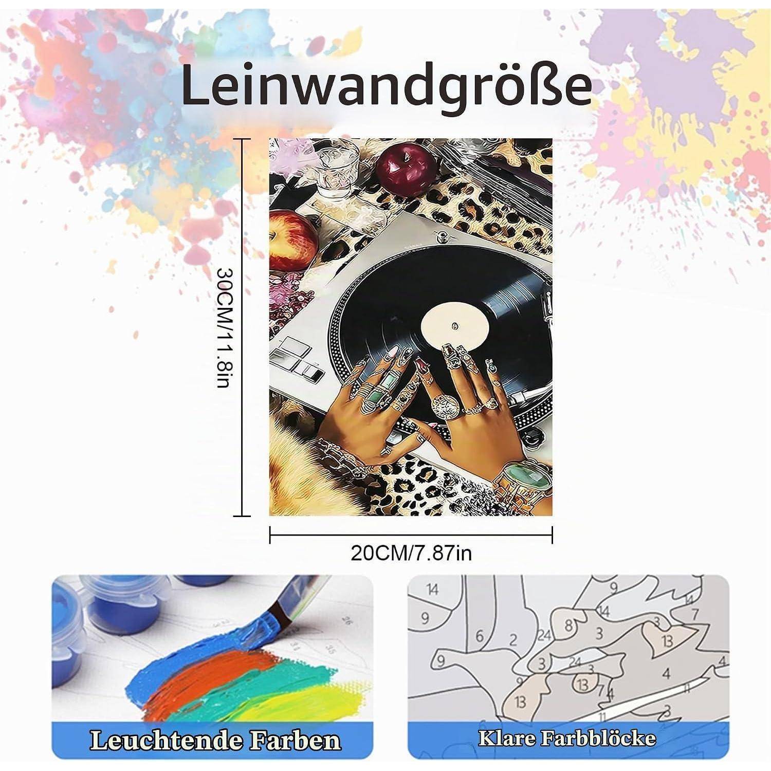 Produktbild, das die Leinwandgröße von 30 cm x 20 cm und zwei Funktionen zeigt: leuchtende Farben und klare nummerierte Malen-nach-Zahlen-Felder.