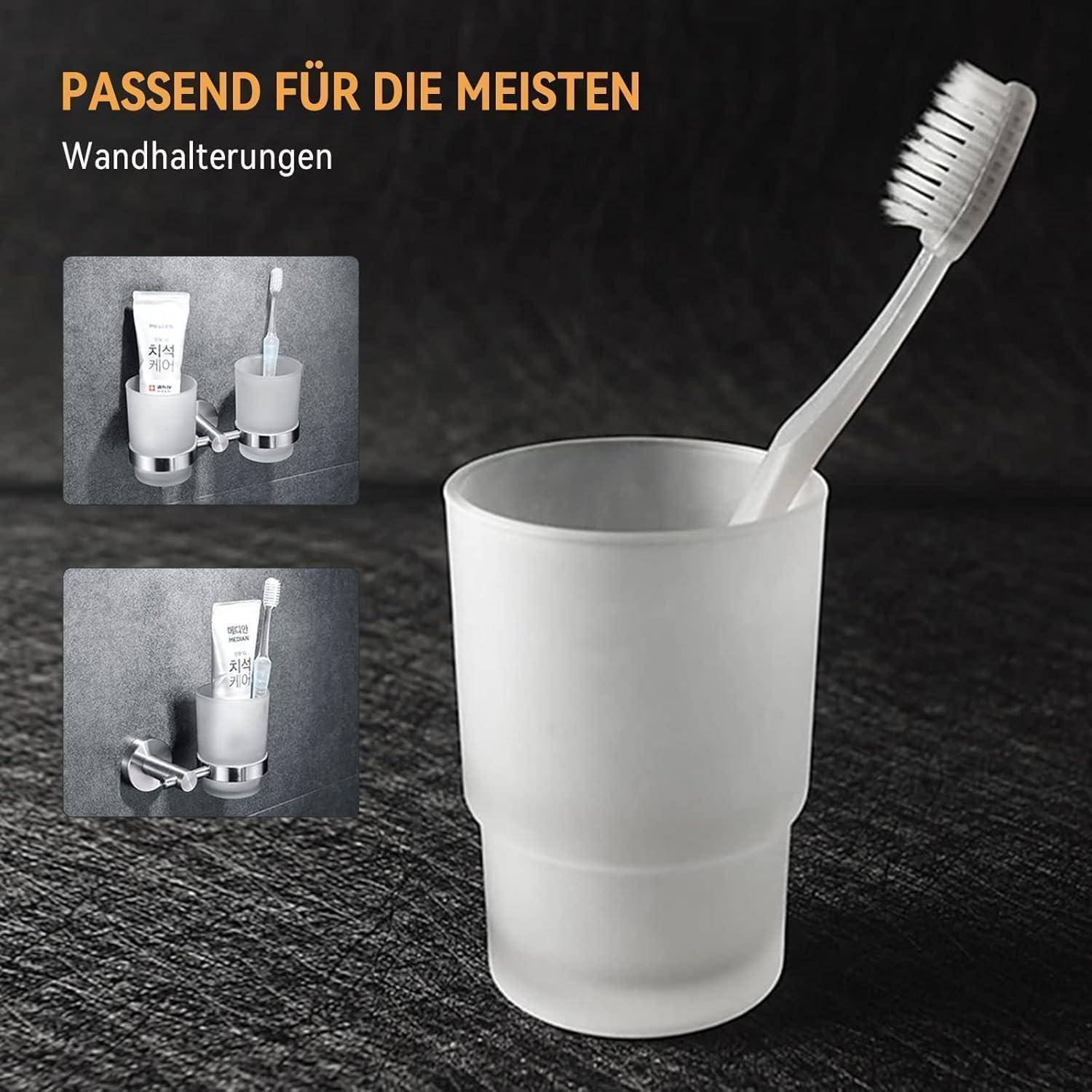 Zahnbürsenbecher-Halter mit Wandhalterungen; Text sagt 'PASSEND FÜR DIE MEISTEN' und 'Wandhalterungen', zeigt den Becher und die Bürste in Gebrauch.