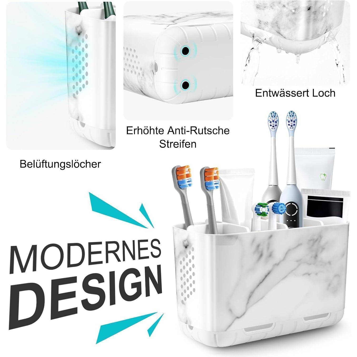 Badezimmer-Organizer-Caddy mit Marmor-Optik für Zahnbürsten, elektrische Zahnbürsten und Zahnpasta, mit deutschen Beschriftungen für Belüftungslöcher, rutschfeste Streifen und Abflussloch; Text lautet „MODERNES DESIGN