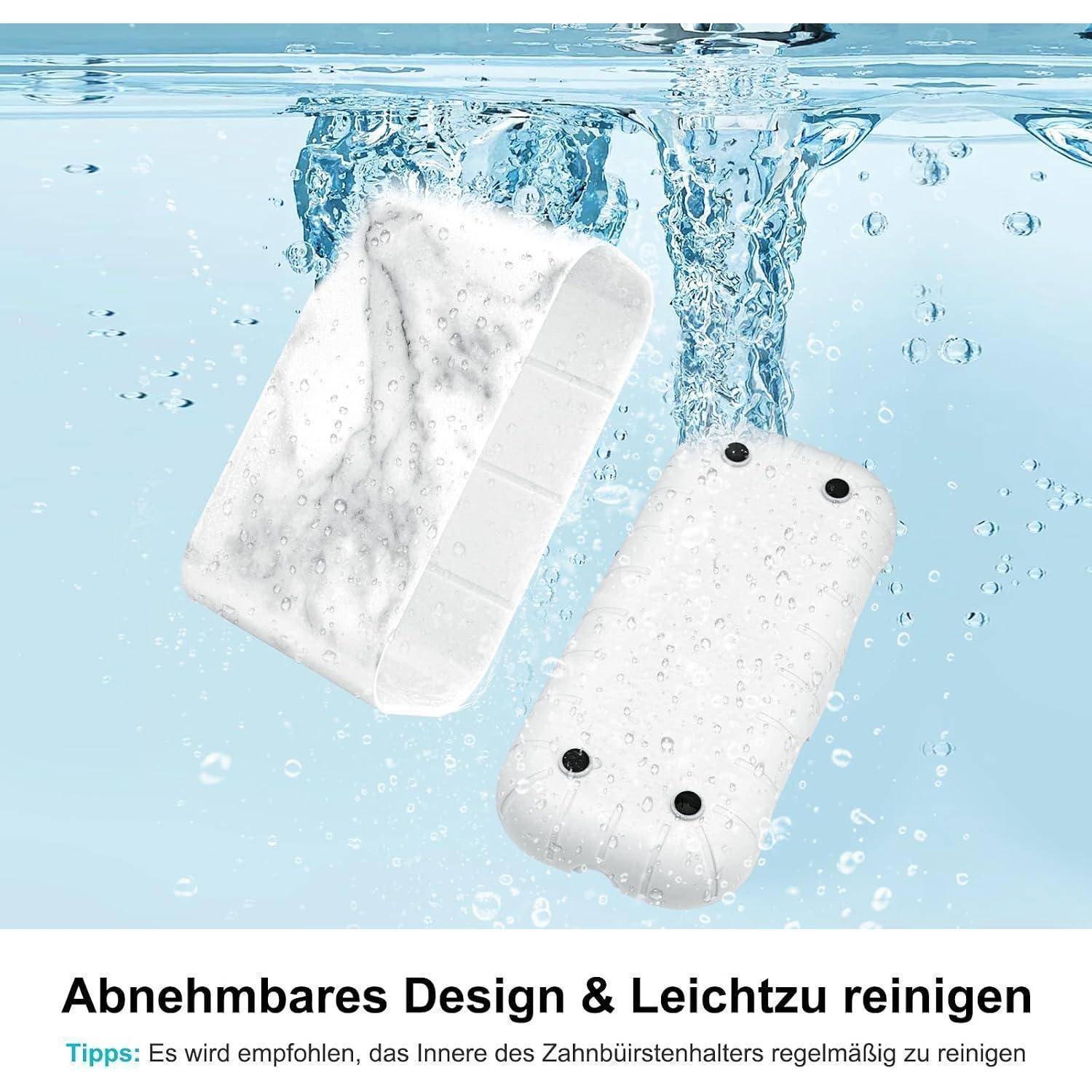 Zwei weiße abnehmbare Zahnbürstenhalter, die unter Wasser mit Blasen schweben; der Text sagt „Abnehmbares Design & Leicht zu reinigen