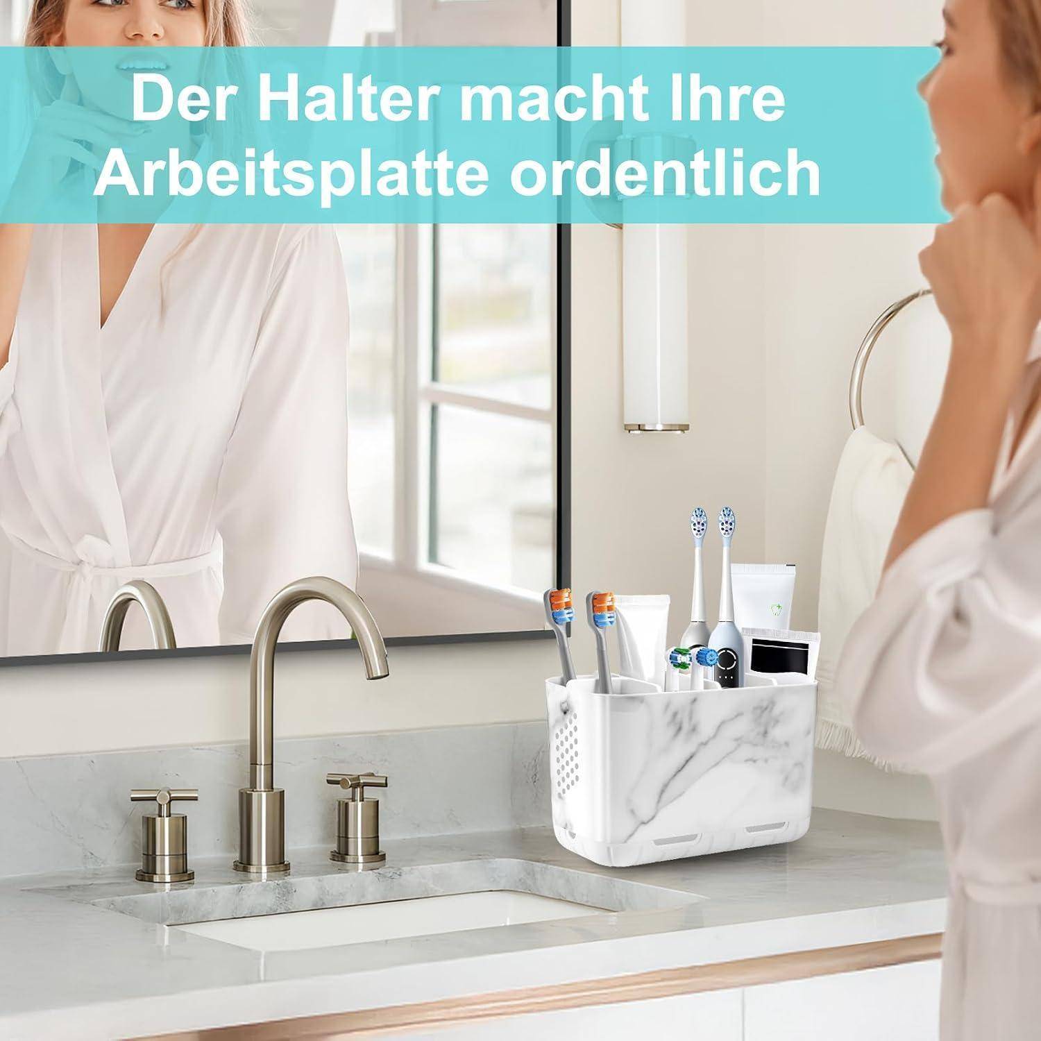 Badezimmerspüle mit einem marmorähnlichen Organizer, der Zahnbürsten und Toilettenartikel hält; Bannertexts besagt „Der Halter macht Ihre Arbeitsplatte ordentlich