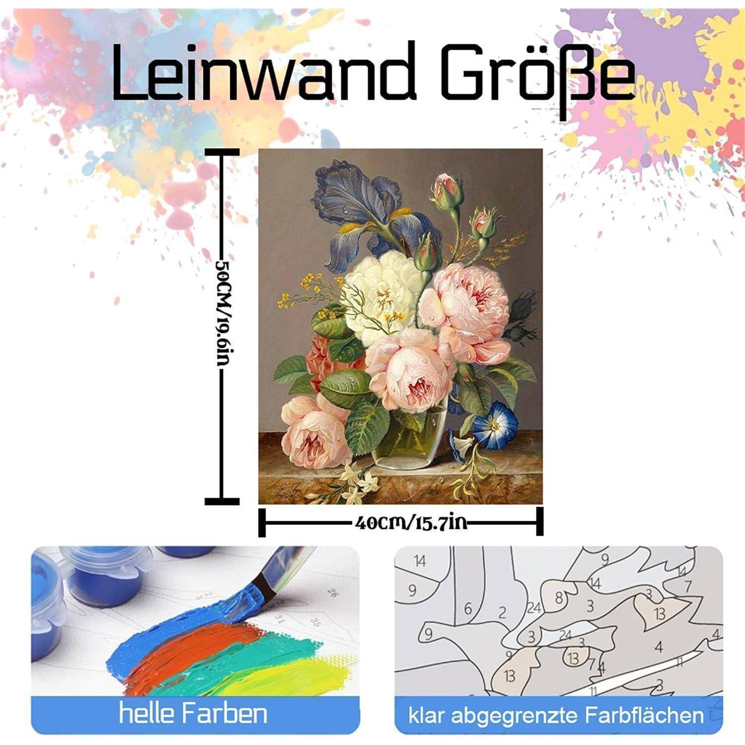 Werbegrafikdarstellung zur Leinwandgröße mit Blumengemälde; Abmessungen beschriftet 50 cm x 40 cm, mit Beispielen lebhafter Farben und deutlich abgegrenzten Malfeldern.