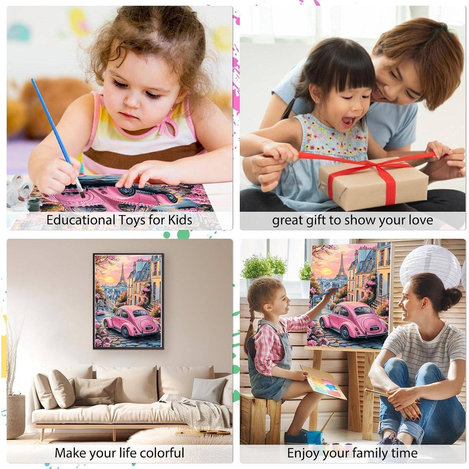 Vier-Panel-Collage: Kind malt, Eltern und Kind öffnen ein Geschenk, ein buntes gerahmtes Kunstwerk im Wohnzimmer, und eine Familie malt zusammen.
